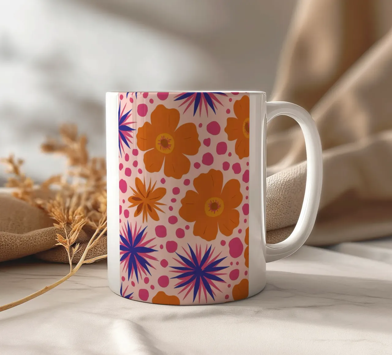 Pink Orange Blooms ceramic mug by Obs Canvas