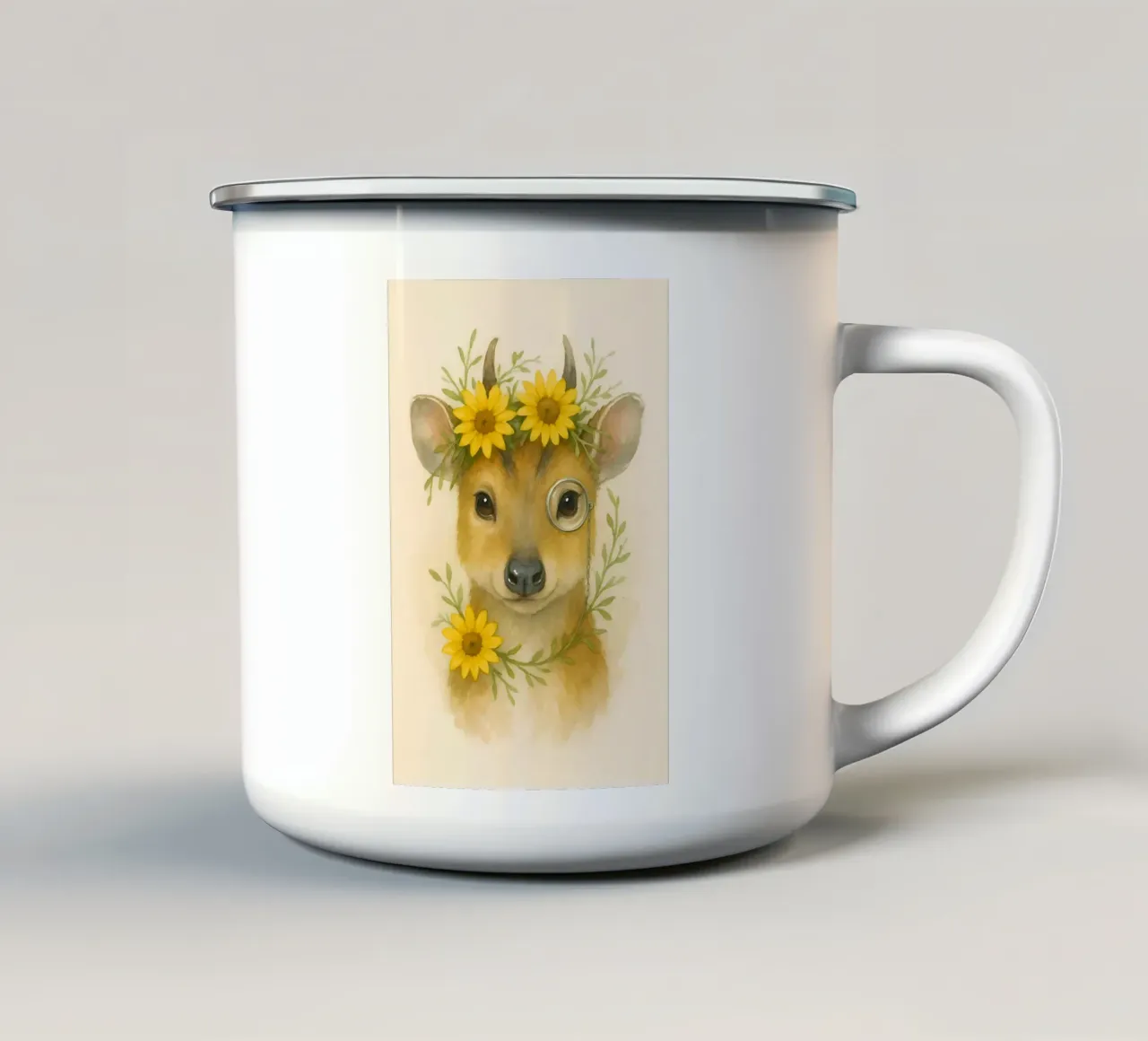 Golden Whimsy: The Sunflower Fawn enamel mug by Graceful Desine