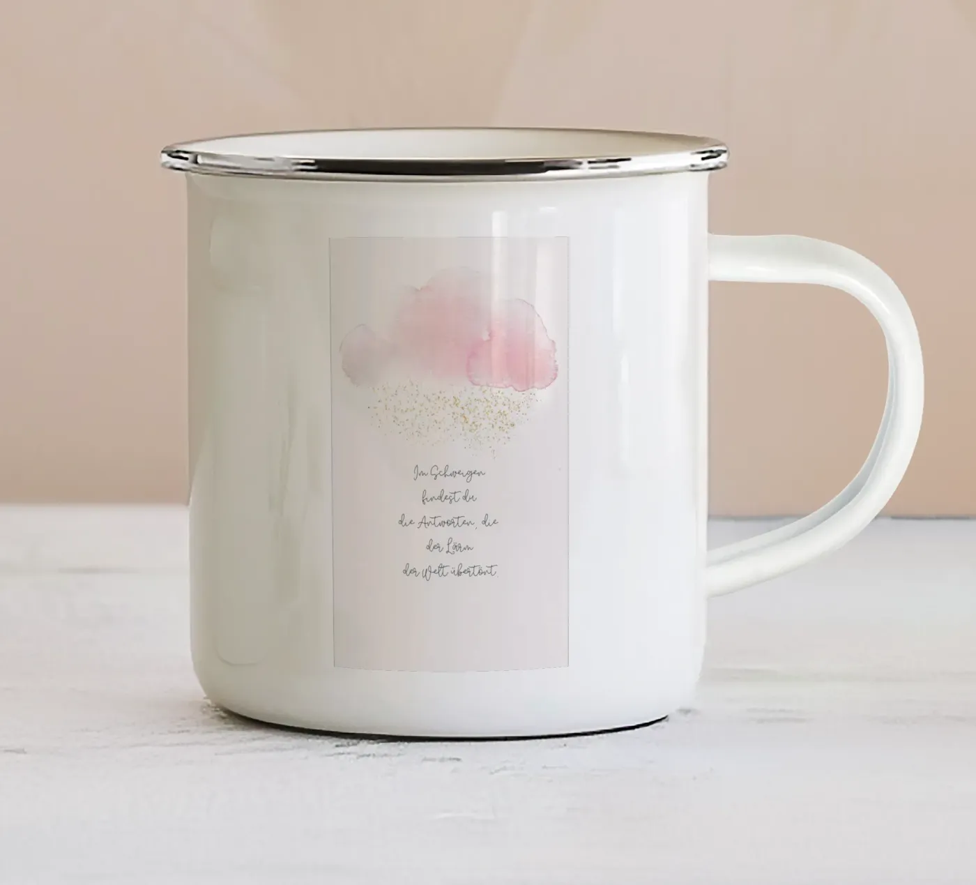 Schweigen enamel mug by isabels_wunderwelt_digital_art