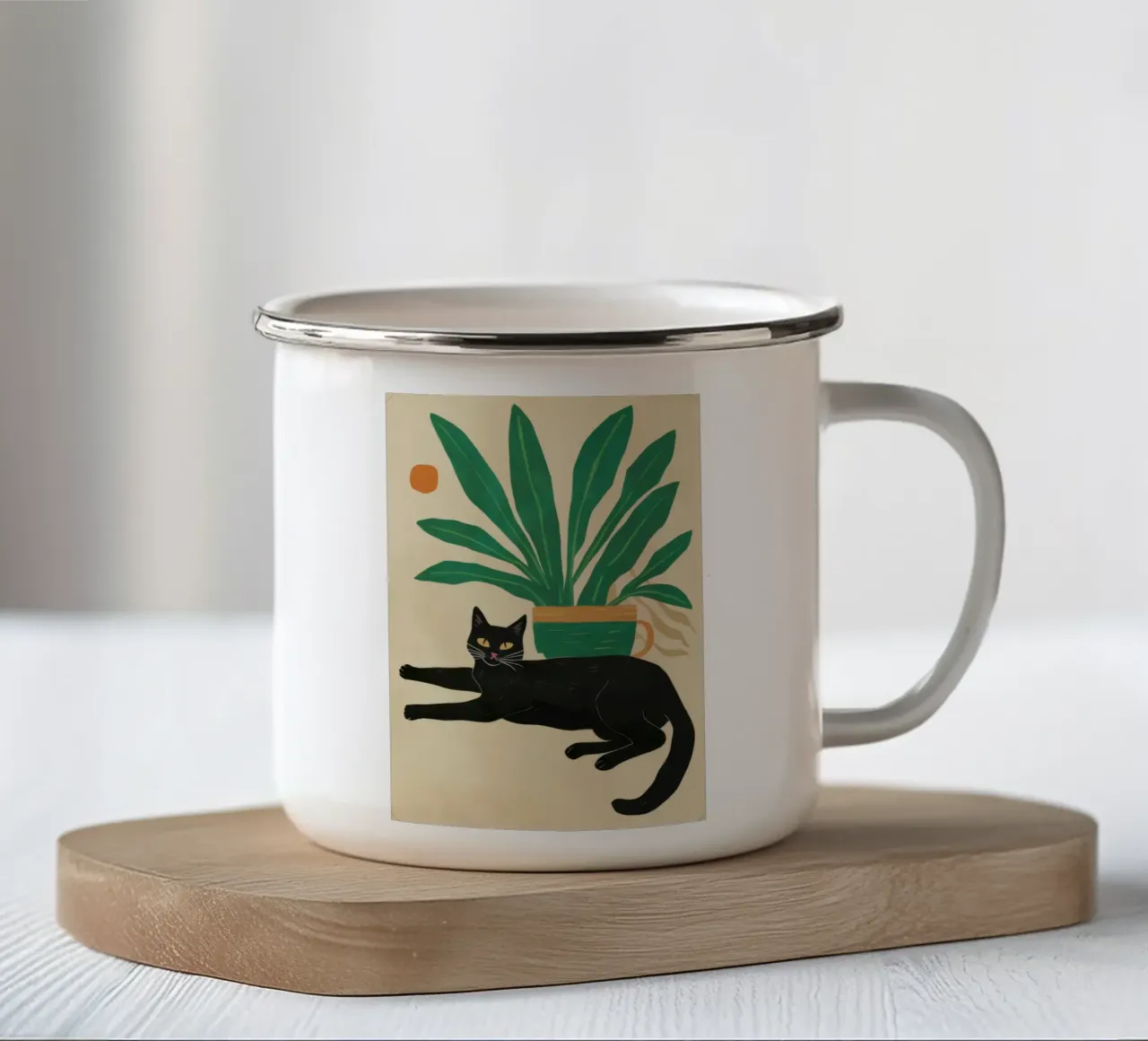Elegante riposo felino tazza in smalto da Trace Brush