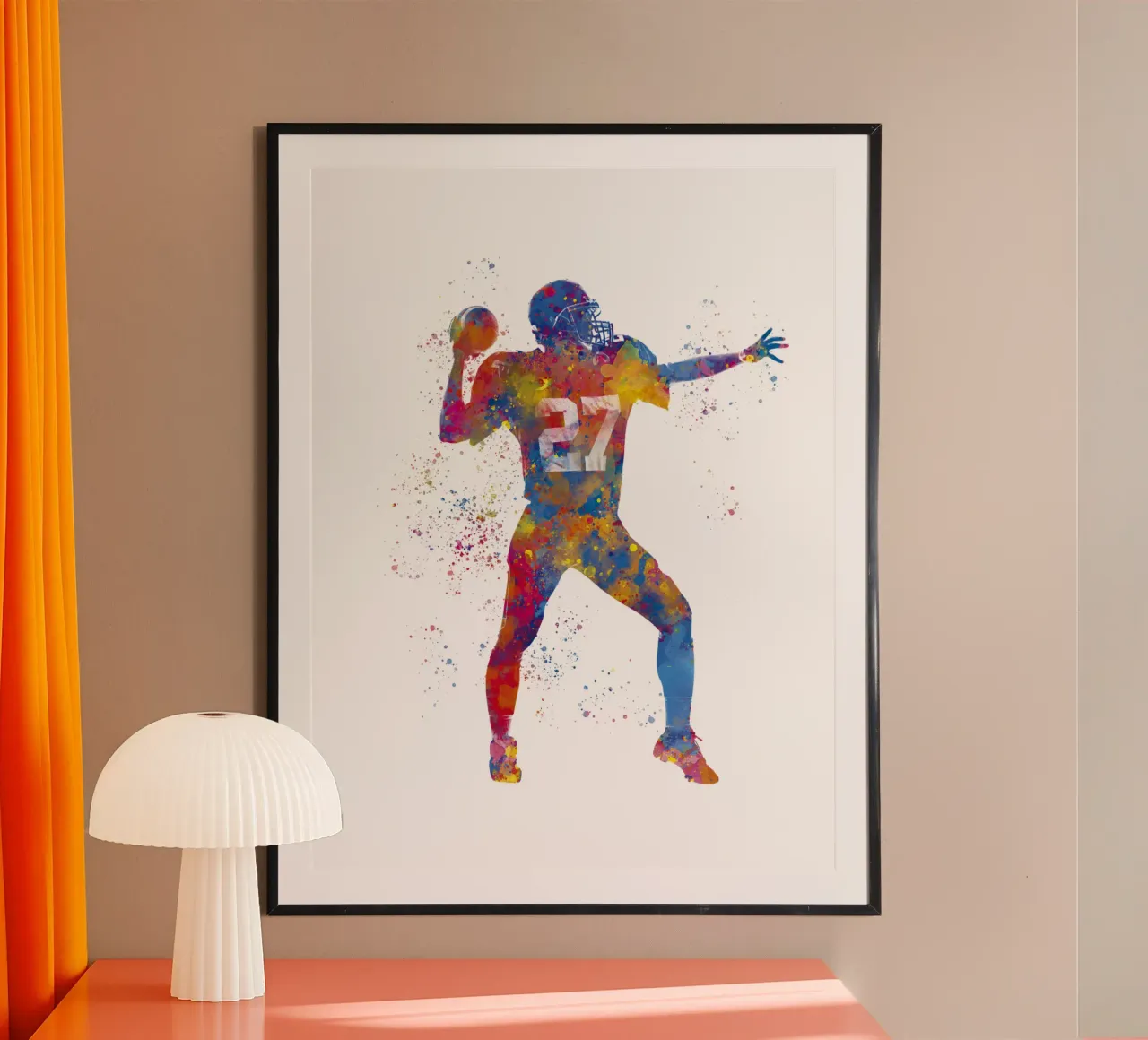 Giocatore di football americano in acquerello poster con telaio in alluminio da ⚽ Sports Pulse