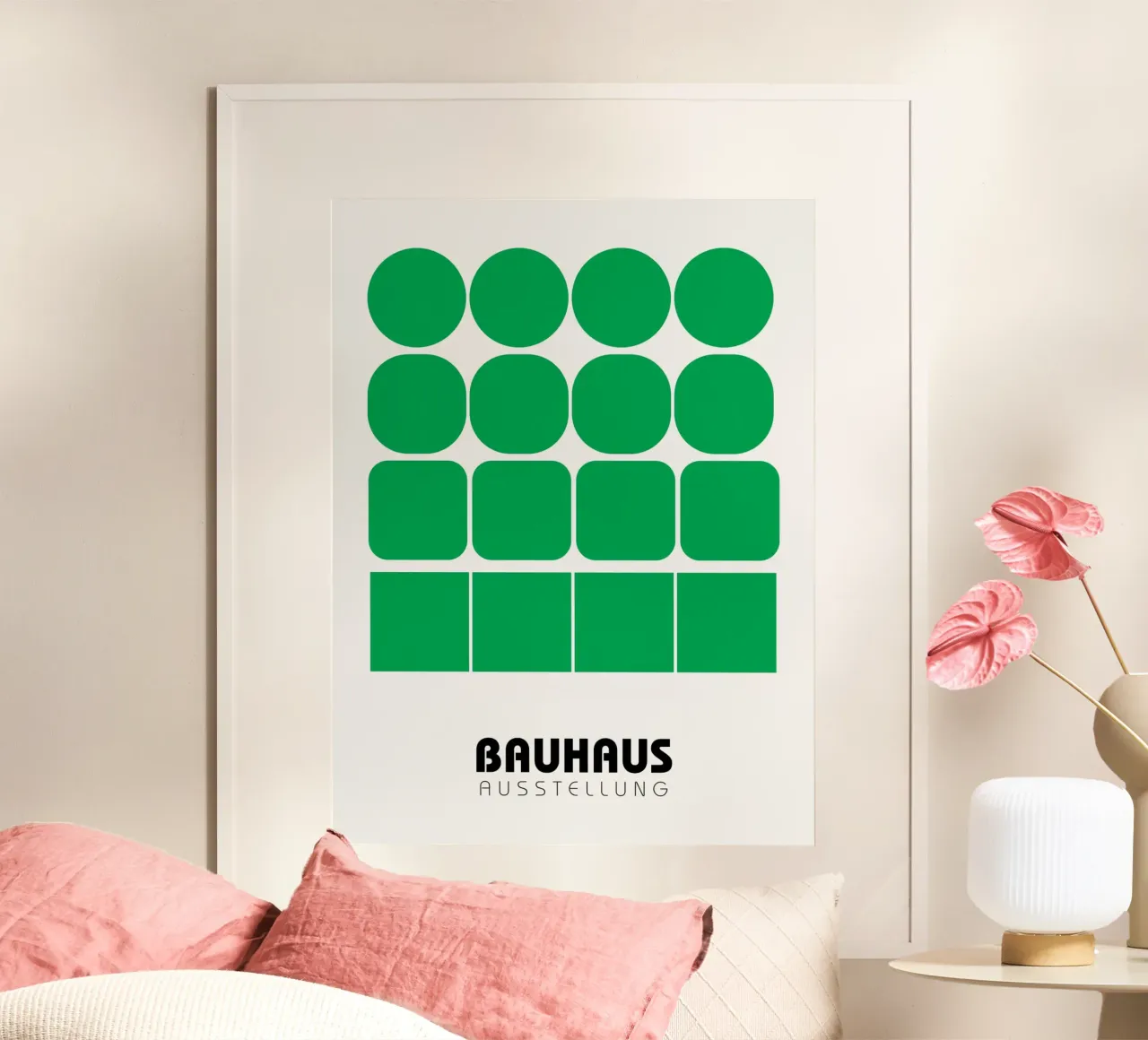 Griglia Bauhaus - Forme geometriche in verde poster con telaio in alluminio da Casa Calm