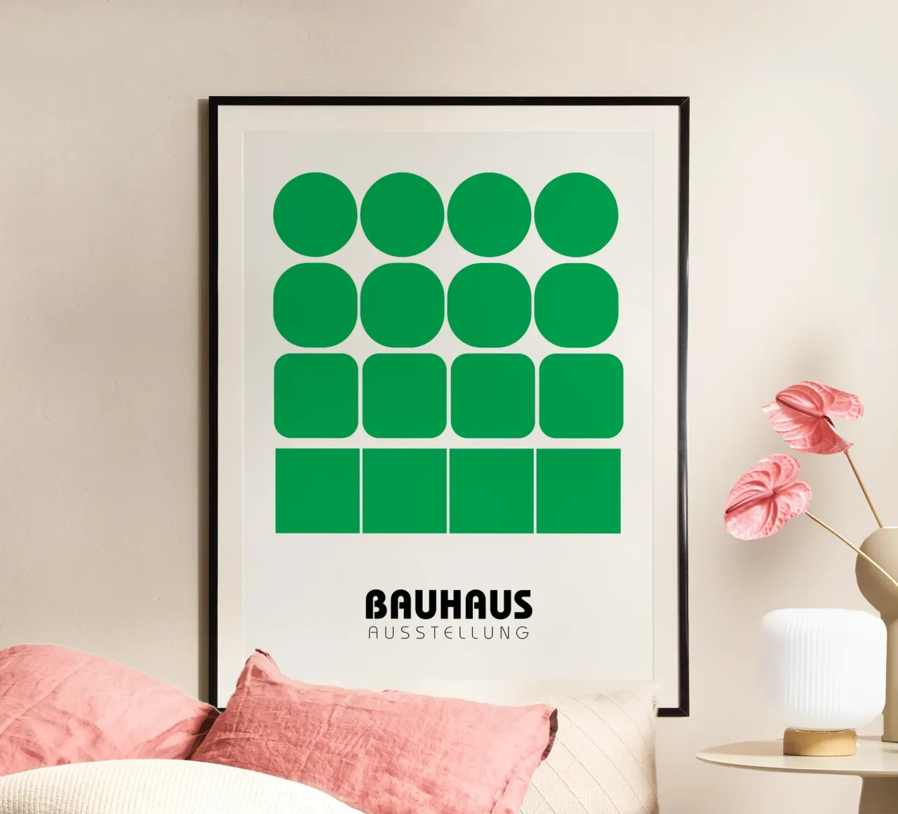 Griglia Bauhaus - Forme geometriche in verde poster con telaio in alluminio da Casa Calm