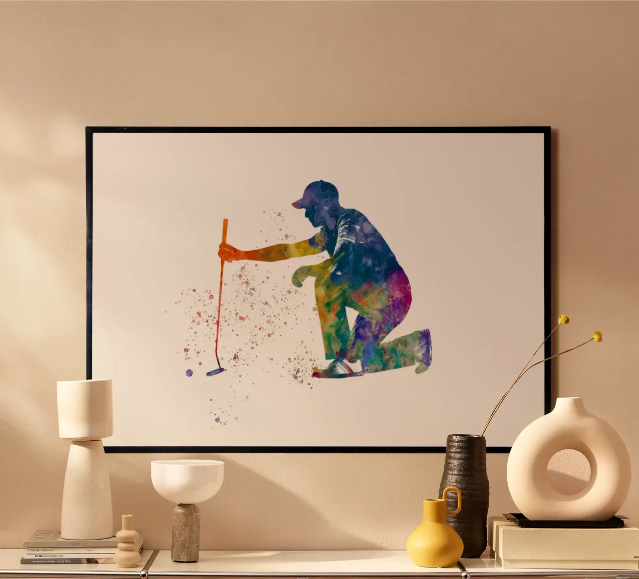 Giocatore di golf in acquerello poster con telaio in legno da ⚽ Sports Pulse