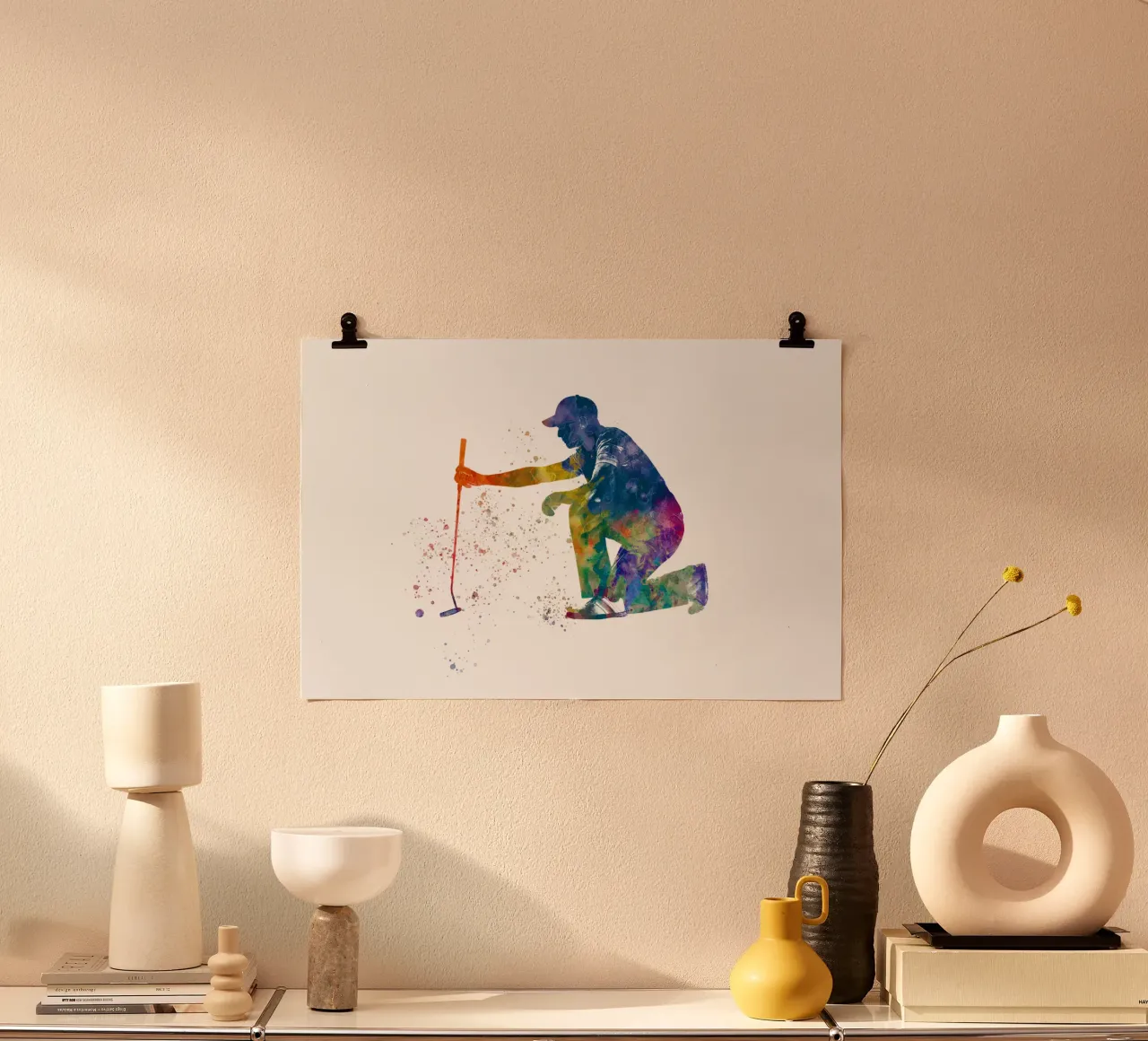 Giocatore di golf in acquerello poster con telaio in legno da ⚽ Sports Pulse
