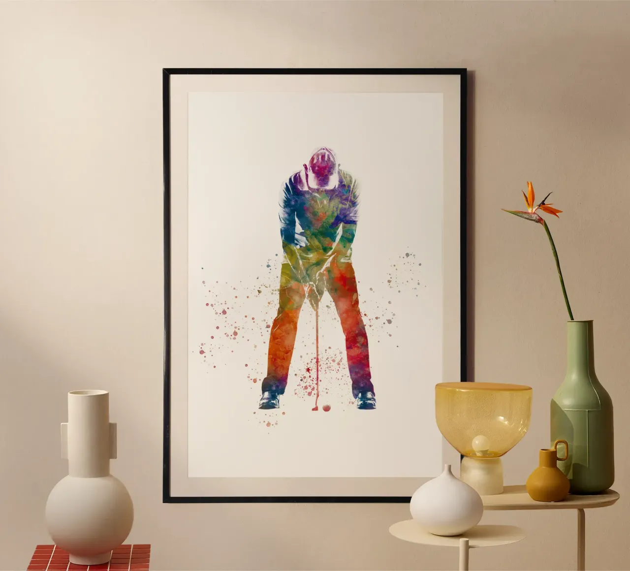 Giocatore di golf in acquerello poster con telaio in legno da ⚽ Sports Pulse