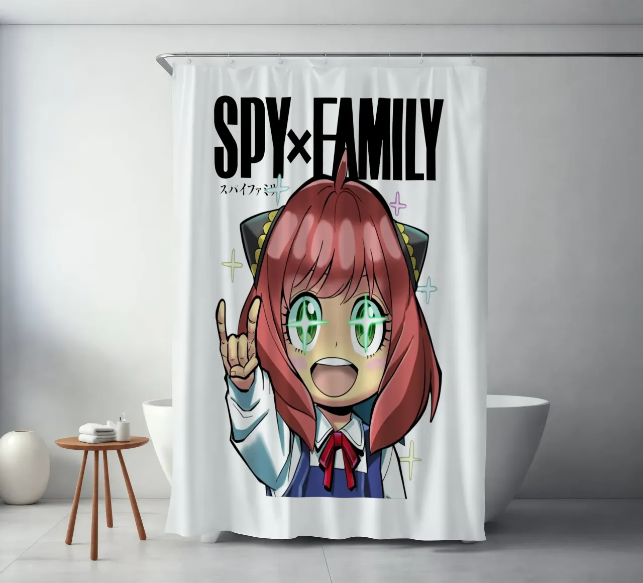 Spy X Family Anya shower curtain by https://www.juniqe.com/uk/shop/Henndraws