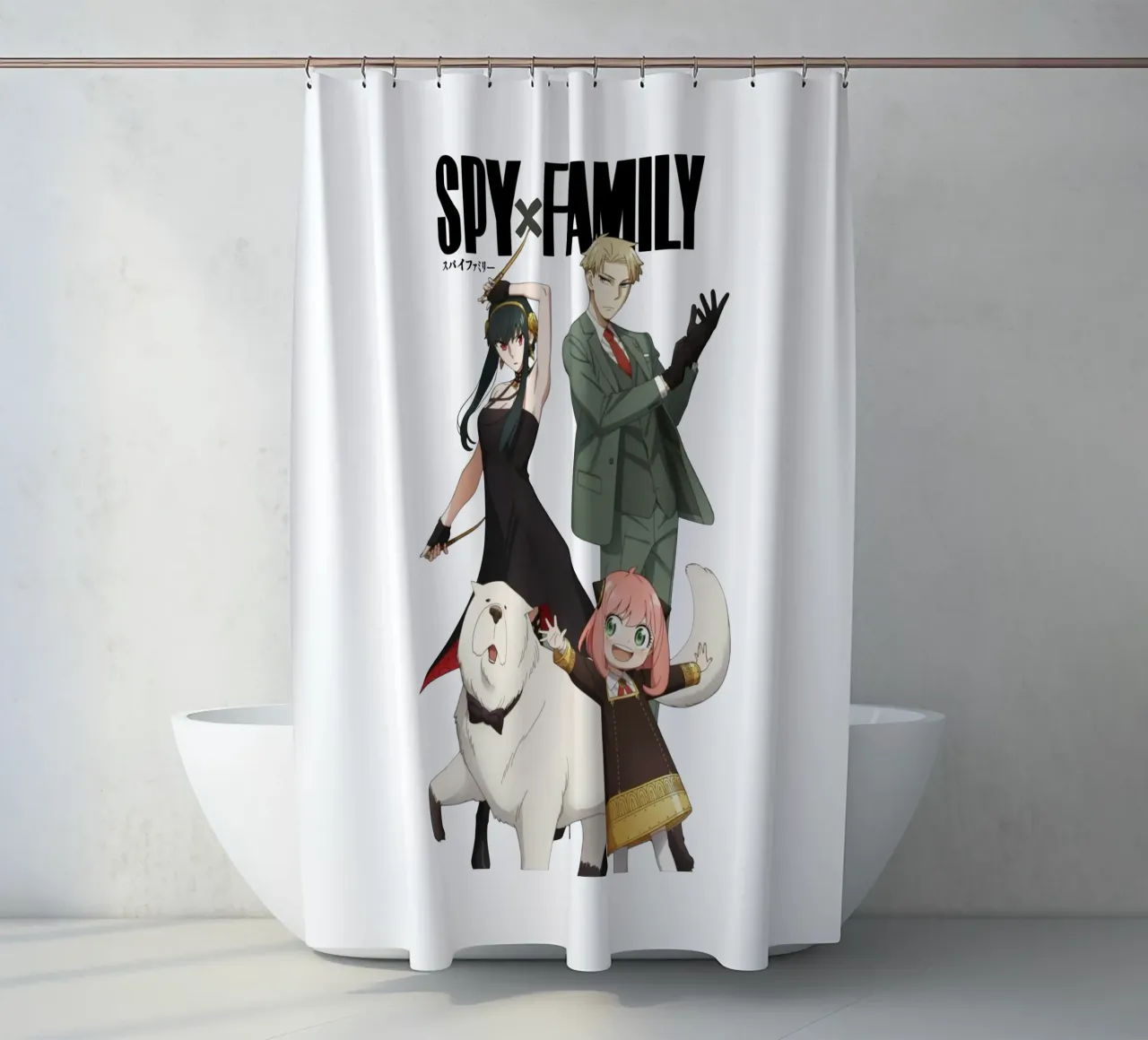 Spy X Family And Pets shower curtain by https://www.juniqe.com/uk/shop/Henndraws