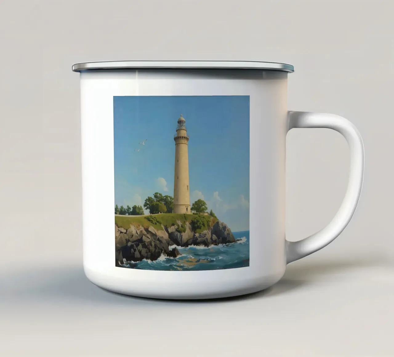 Faro sulla scogliera con vista sull'oceano tazza in smalto da DesignDoodle