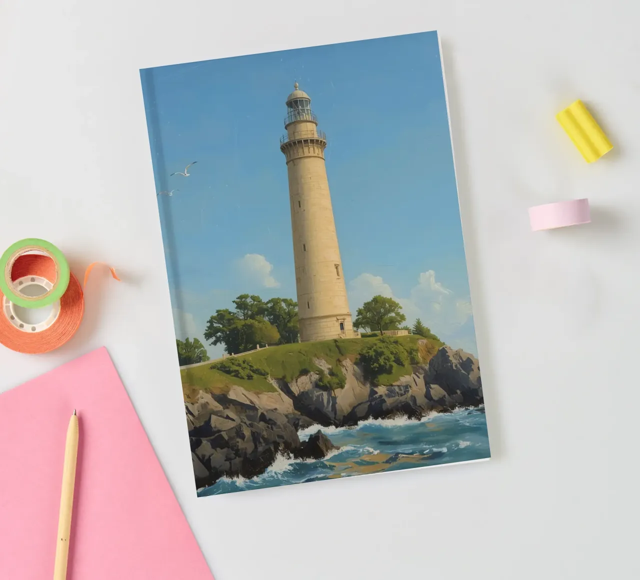 Phare à flanc de falaise avec vue sur l'océan carnet de notes de DesignDoodle