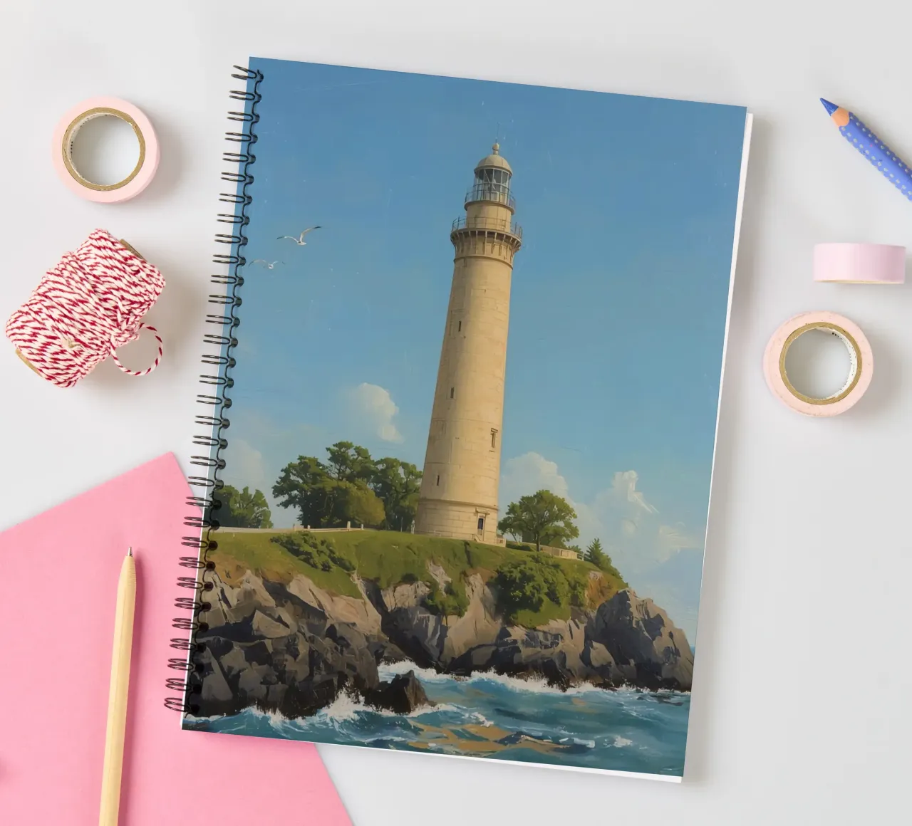 Lighthouse on Cliffside with Ocean View spiral notebook by DesignDoodle