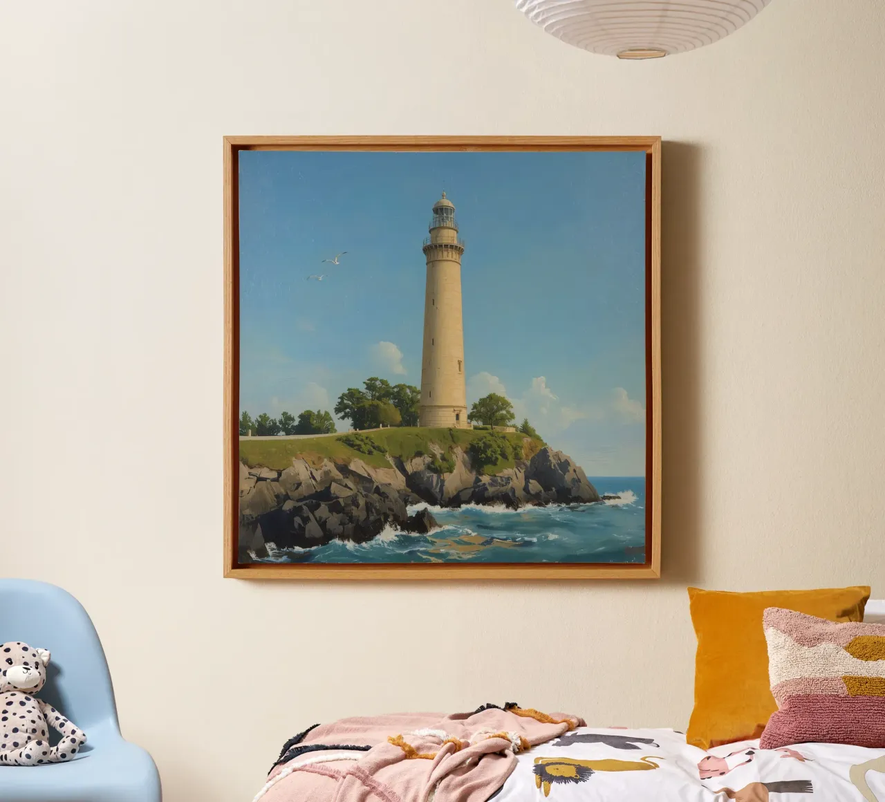 Lighthouse on Cliffside with Ocean View canvas with Floater frame by DesignDoodle