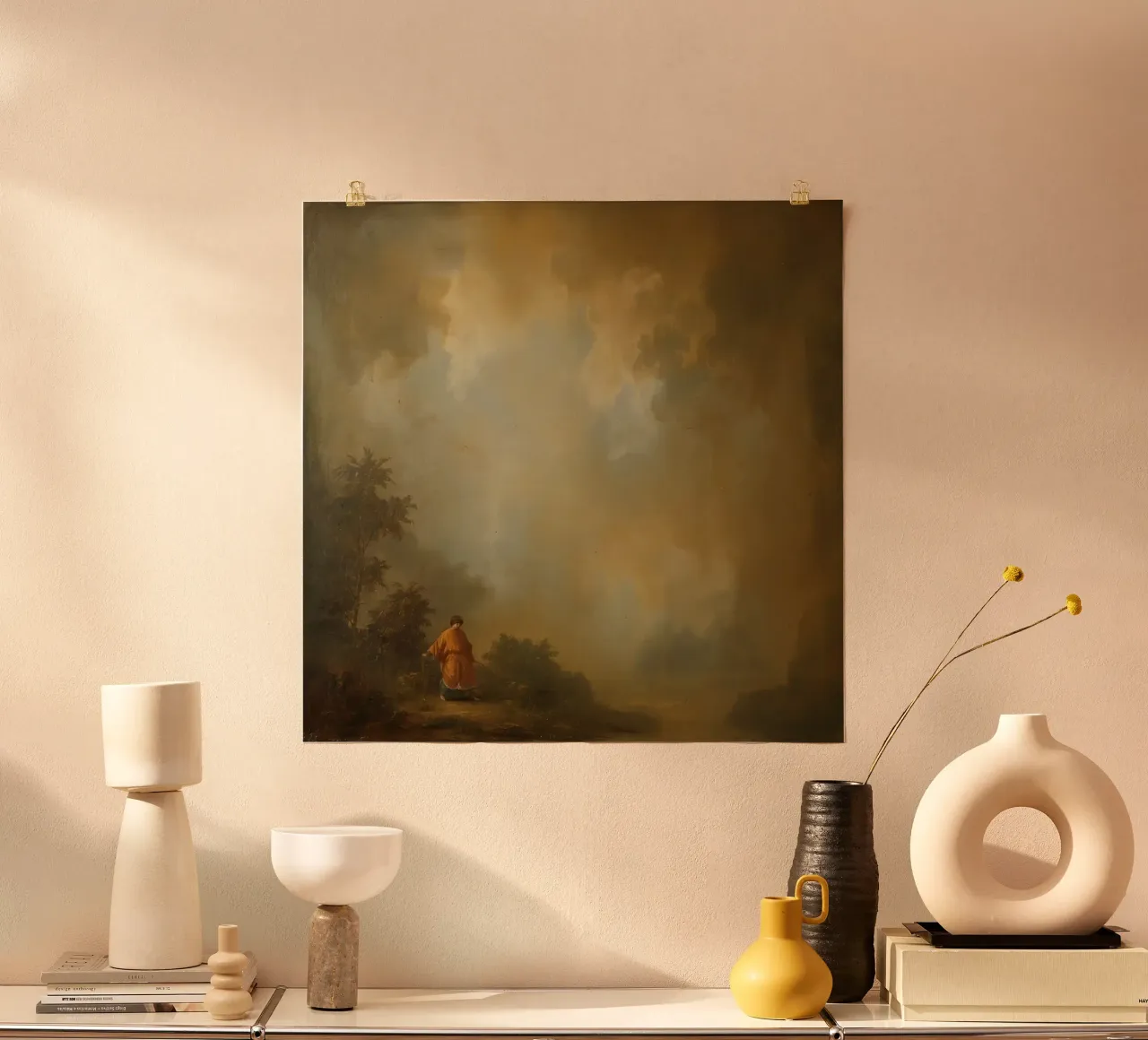 Man in Landscape with Clouded Sky Painting poster with aluminum frame by DesignDoodle