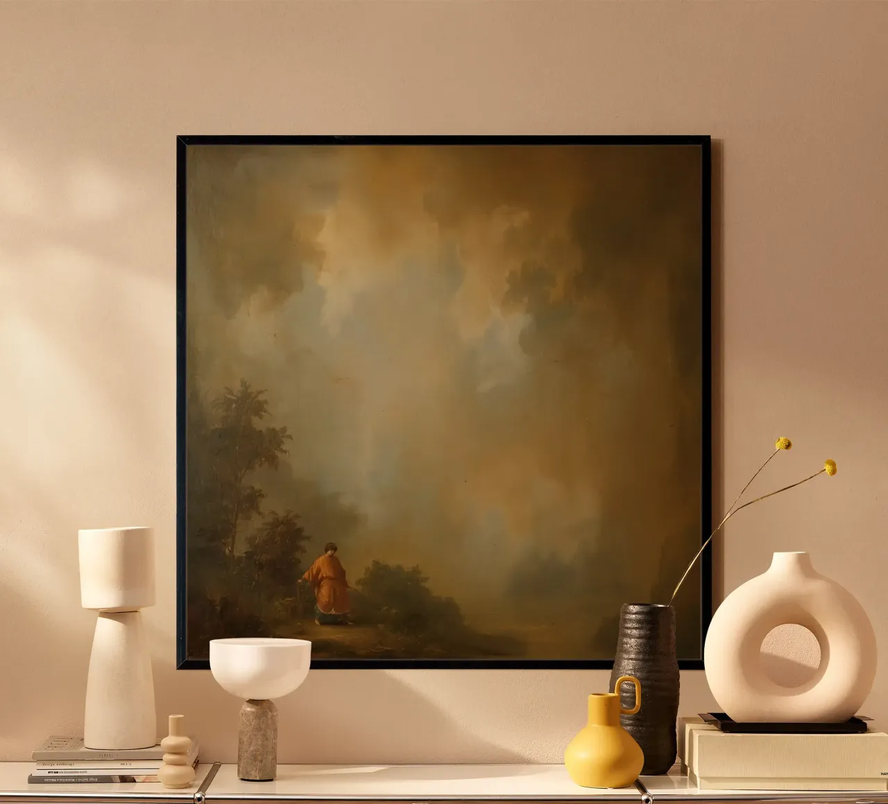 Man in Landscape with Clouded Sky Painting poster with aluminum frame by DesignDoodle