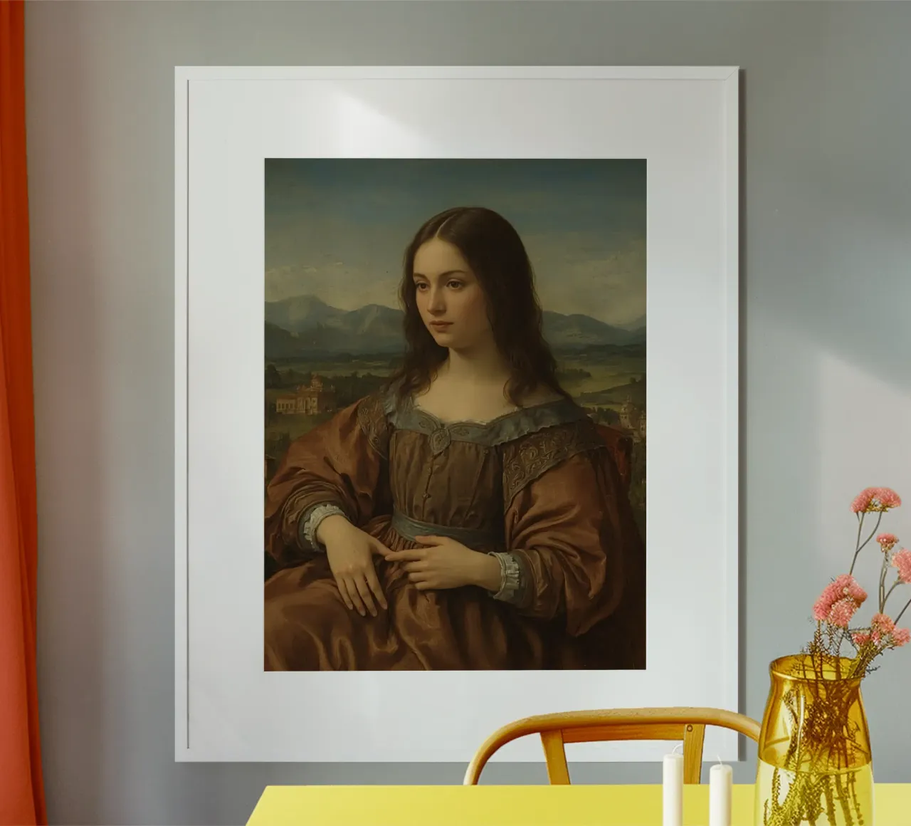 Porträt einer Frau in braunem Kleid mit landschaftlichem Hintergrund Poster mit Kunststoffrahmen von DesignDoodle