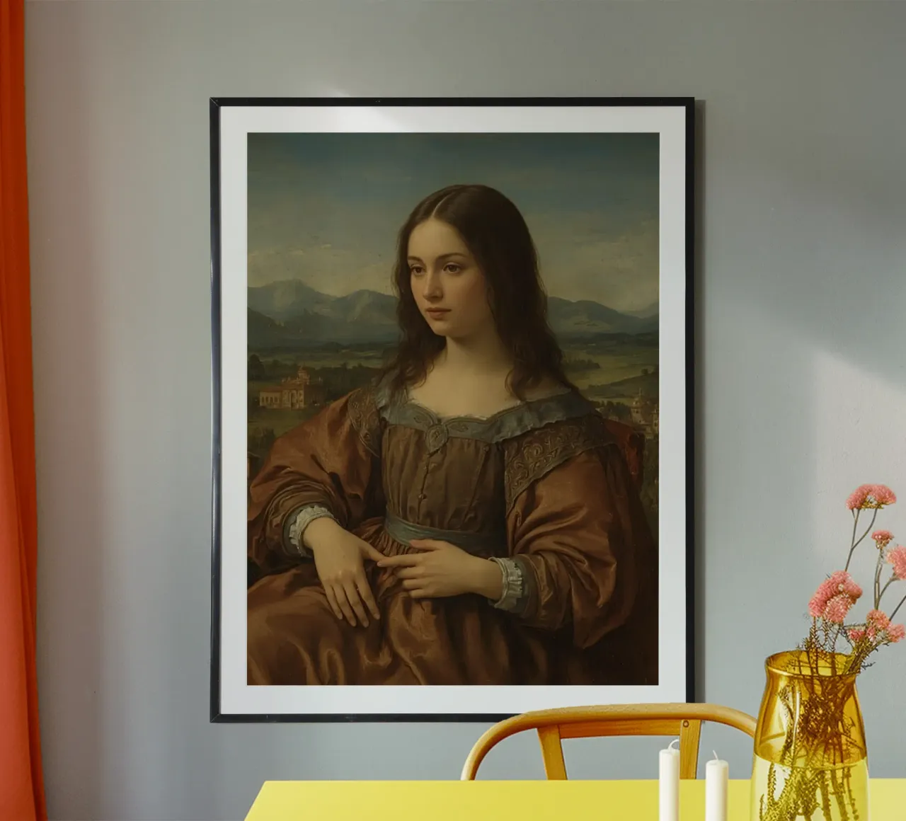 Porträt einer Frau in braunem Kleid mit landschaftlichem Hintergrund Poster mit Kunststoffrahmen von DesignDoodle
