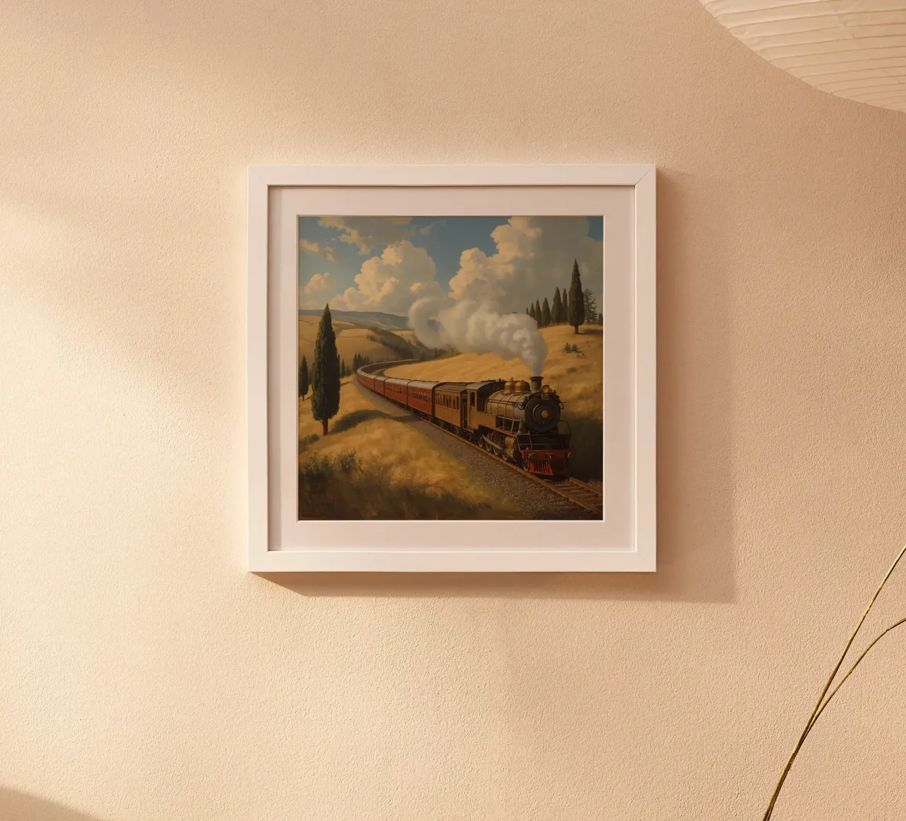 Train à vapeur sur des rails dans un paysage vallonné poster de DesignDoodle