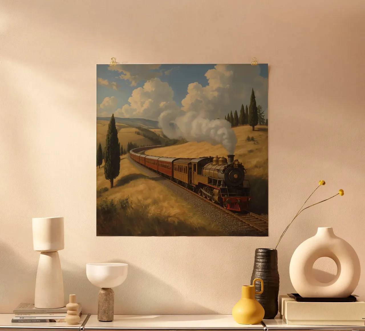 Train à vapeur sur des rails dans un paysage vallonné poster de DesignDoodle