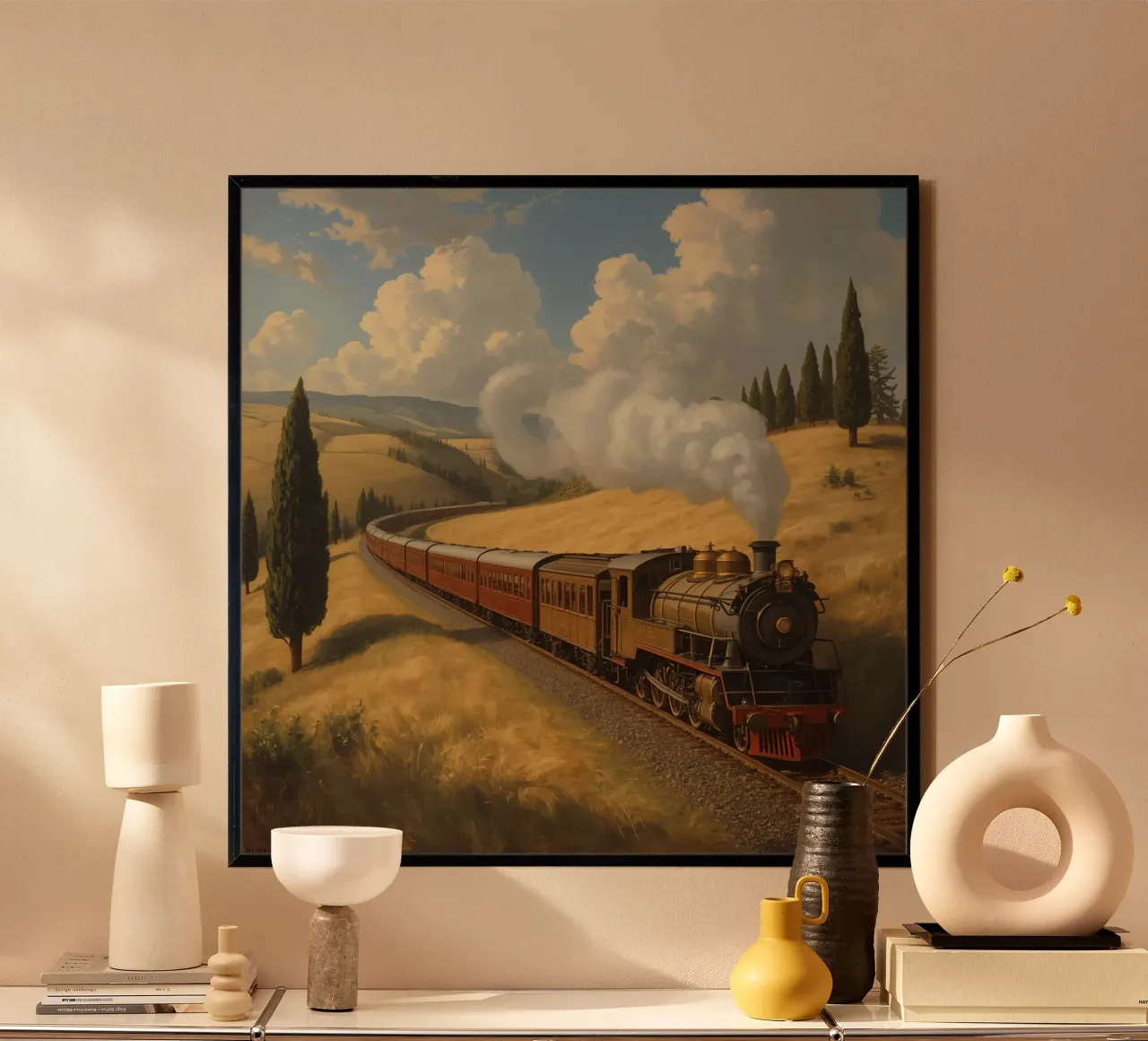 Train à vapeur sur des rails dans un paysage vallonné poster de DesignDoodle