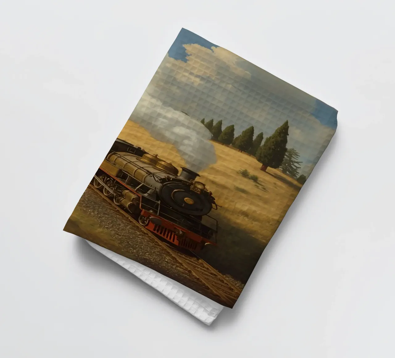 Train à vapeur sur des rails dans un paysage vallonné torchon de DesignDoodle