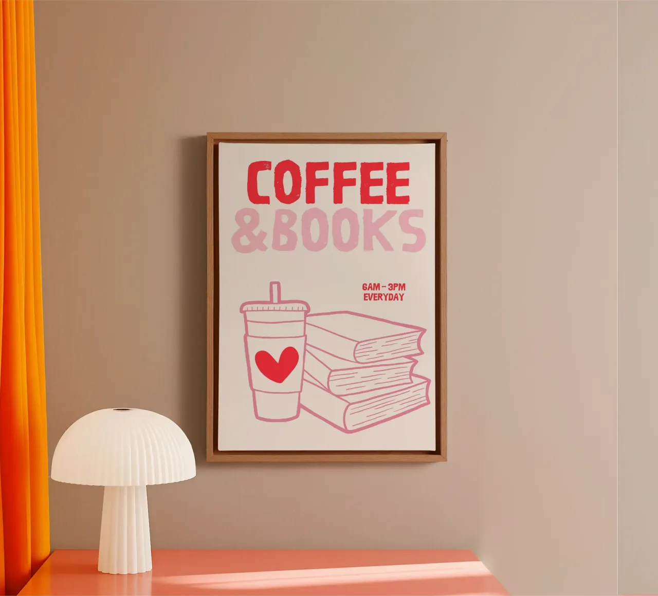 Whimsical Coffee and Books Illustration in Pink and Red canvas with Floater frame by The Art Club