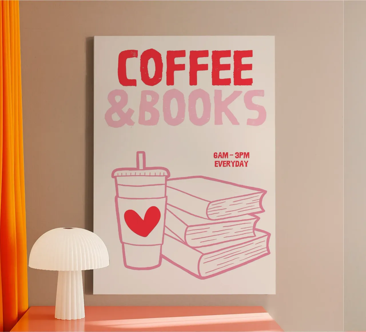 Whimsical Coffee and Books Illustration in Pink and Red canvas with Floater frame by The Art Club