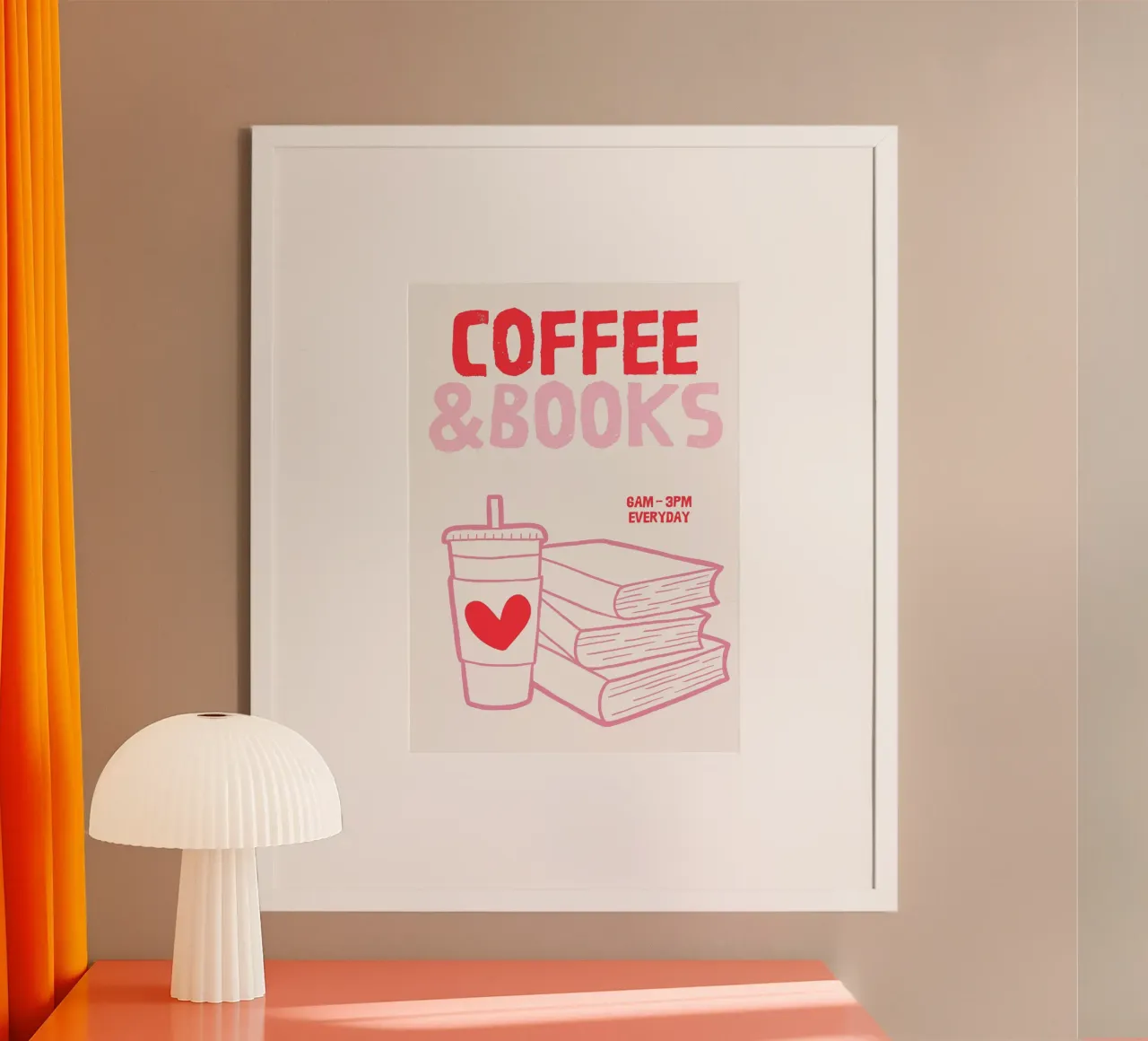 Illustrazione stravagante di caffè e libri in rosa e rosso poster con telaio in legno da The Art Club