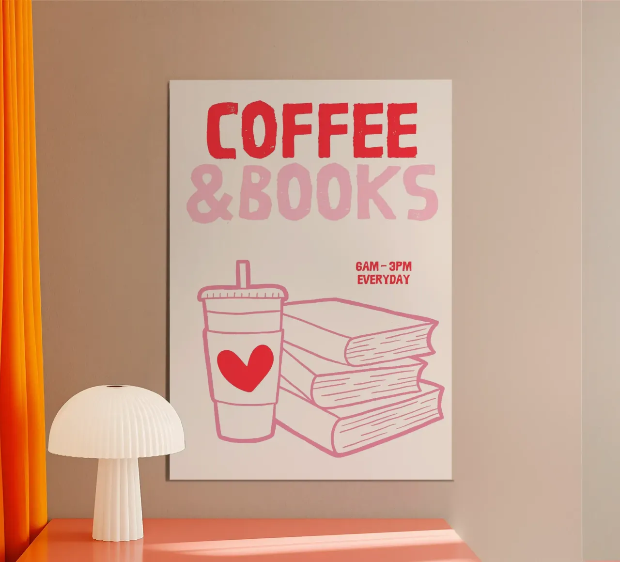 Illustrazione stravagante di caffè e libri in rosa e rosso poster con telaio in legno da The Art Club