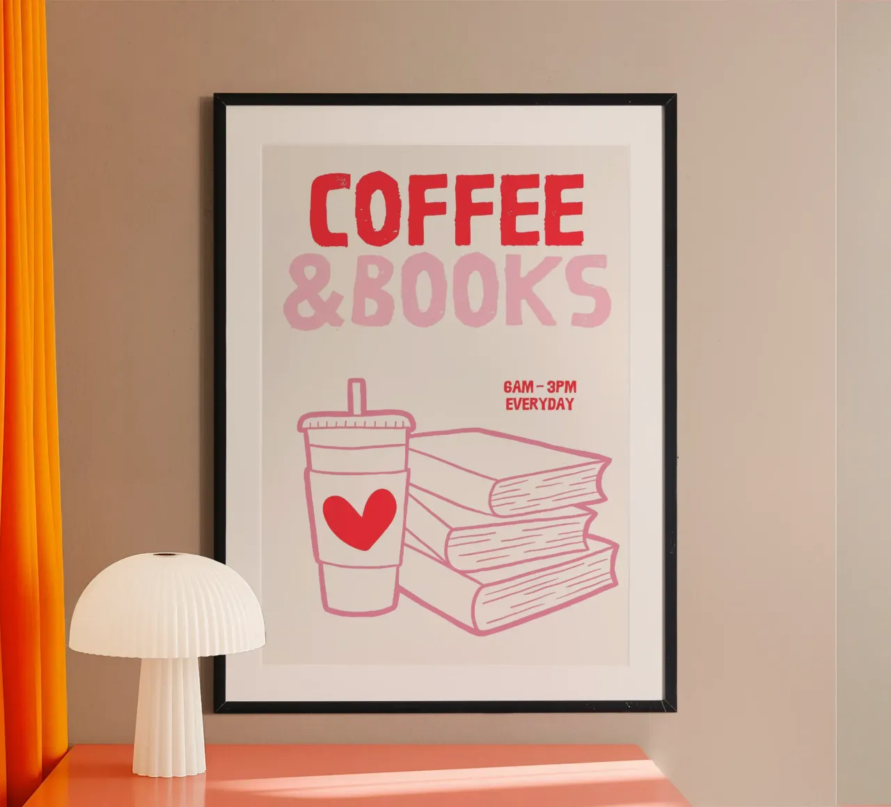 Illustrazione stravagante di caffè e libri in rosa e rosso poster con telaio in legno da The Art Club