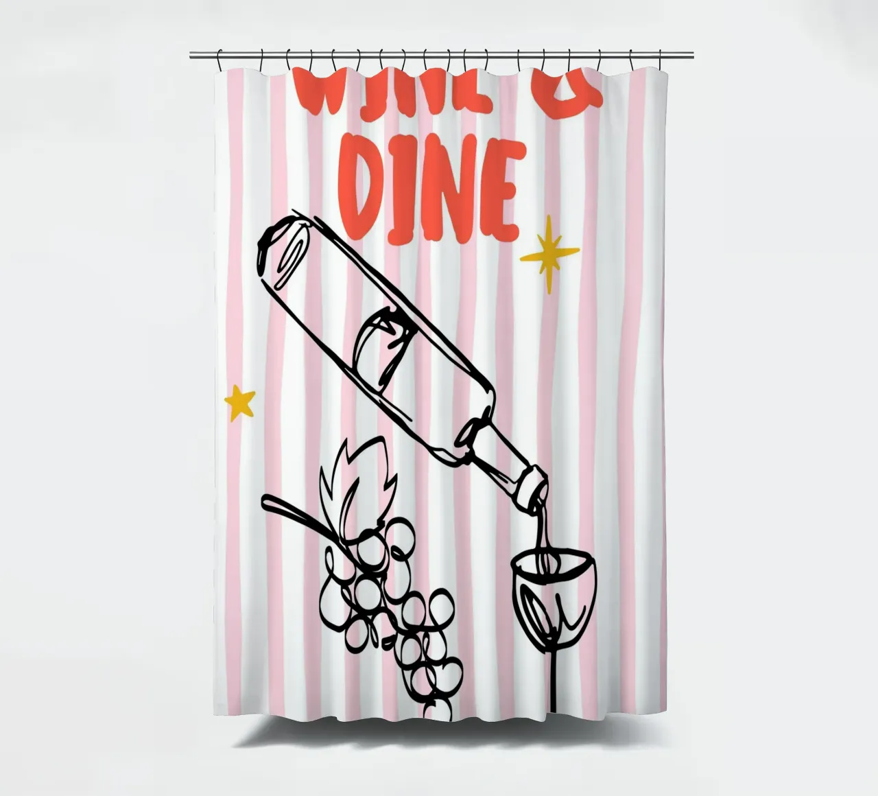 Illustrazione audace di vino e cena con strisce rosa e uva tenda da doccia da The Art Club
