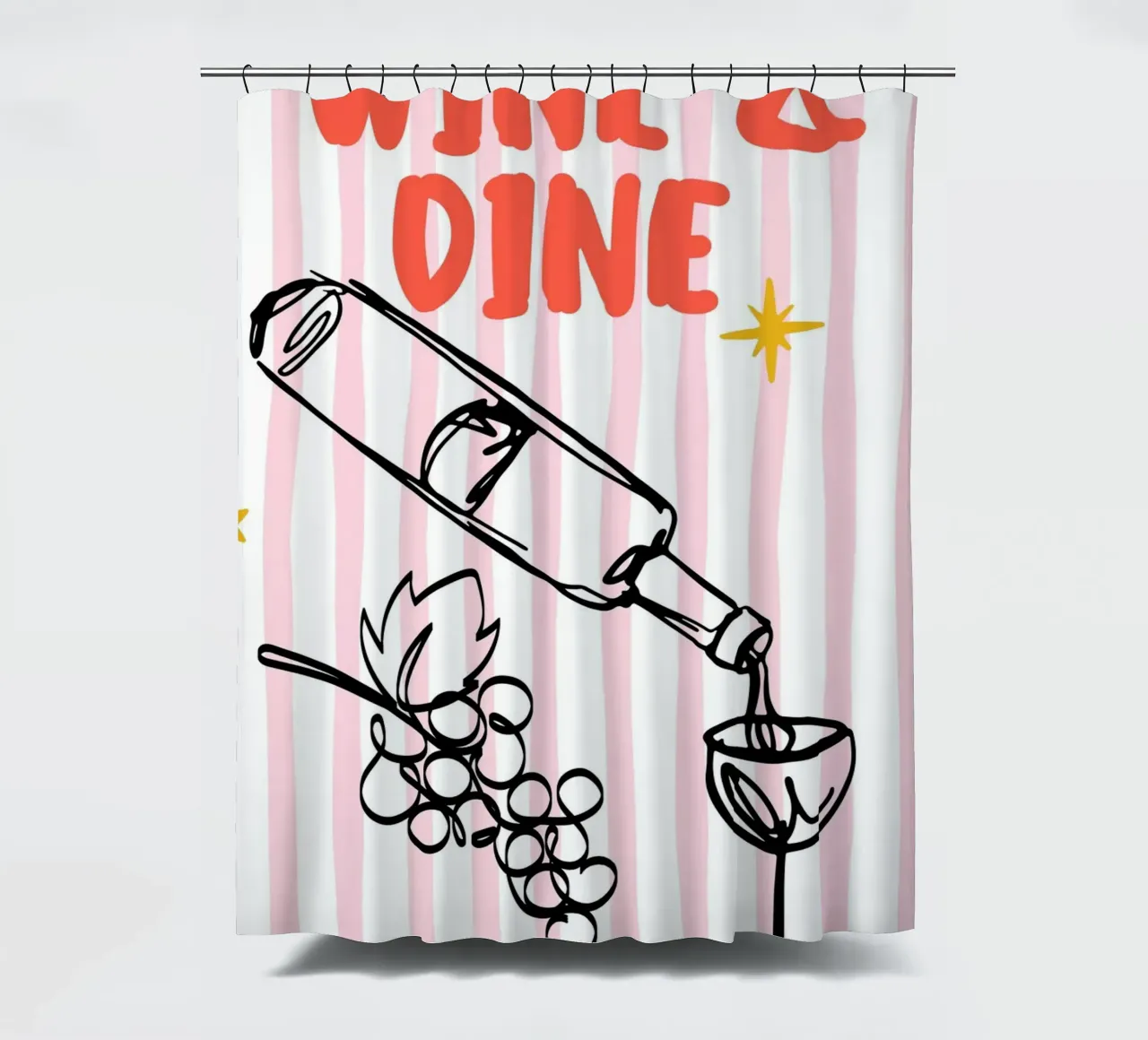 Illustrazione audace di vino e cena con strisce rosa e uva tenda da doccia da The Art Club