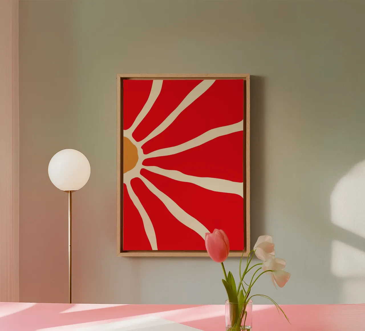 Audace fiore astratto in rosso e arancione con linee organiche tela con Cornice a cassetta da The Art Club