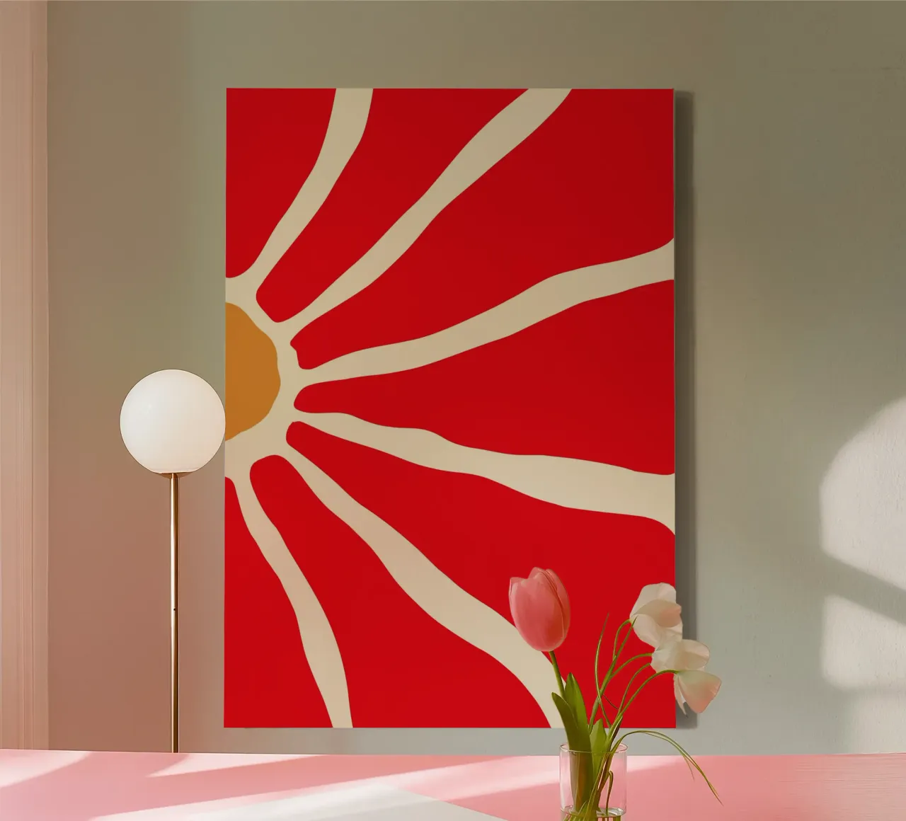 Audace fiore astratto in rosso e arancione con linee organiche tela con Cornice a cassetta da The Art Club