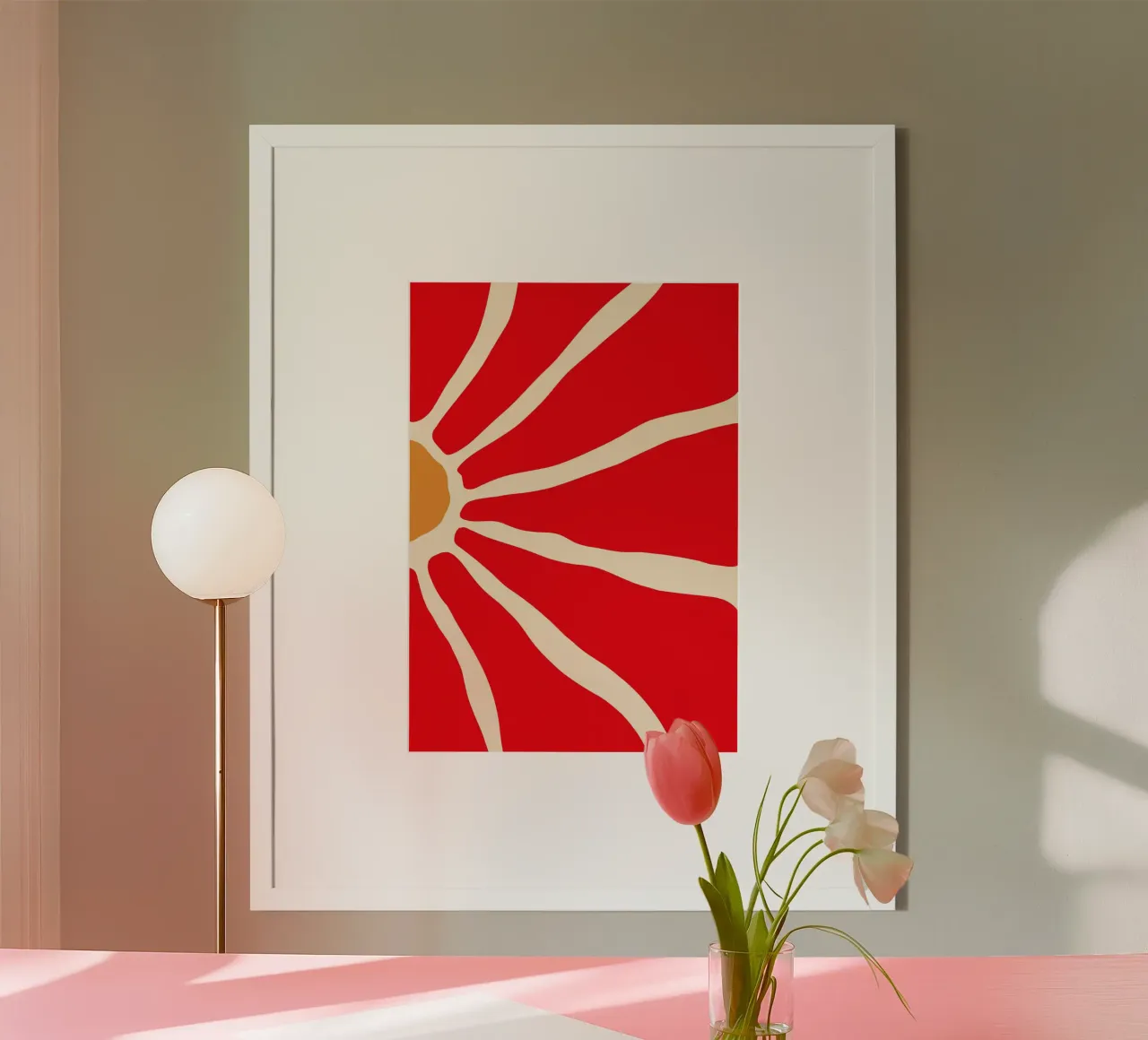 Audace fiore astratto in rosso e arancione con linee organiche poster con telaio in alluminio da The Art Club