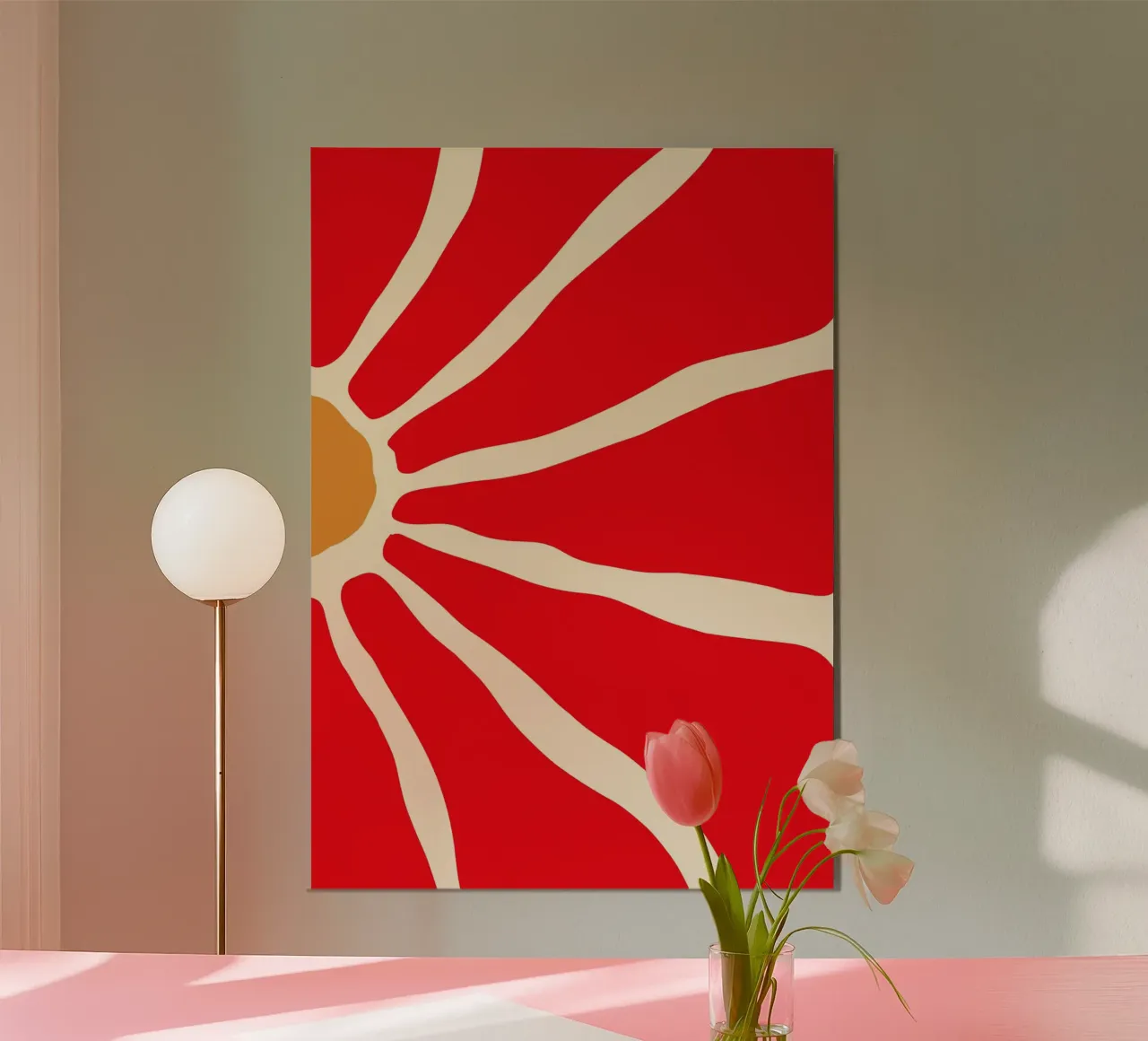 Audace fiore astratto in rosso e arancione con linee organiche poster con telaio in alluminio da The Art Club