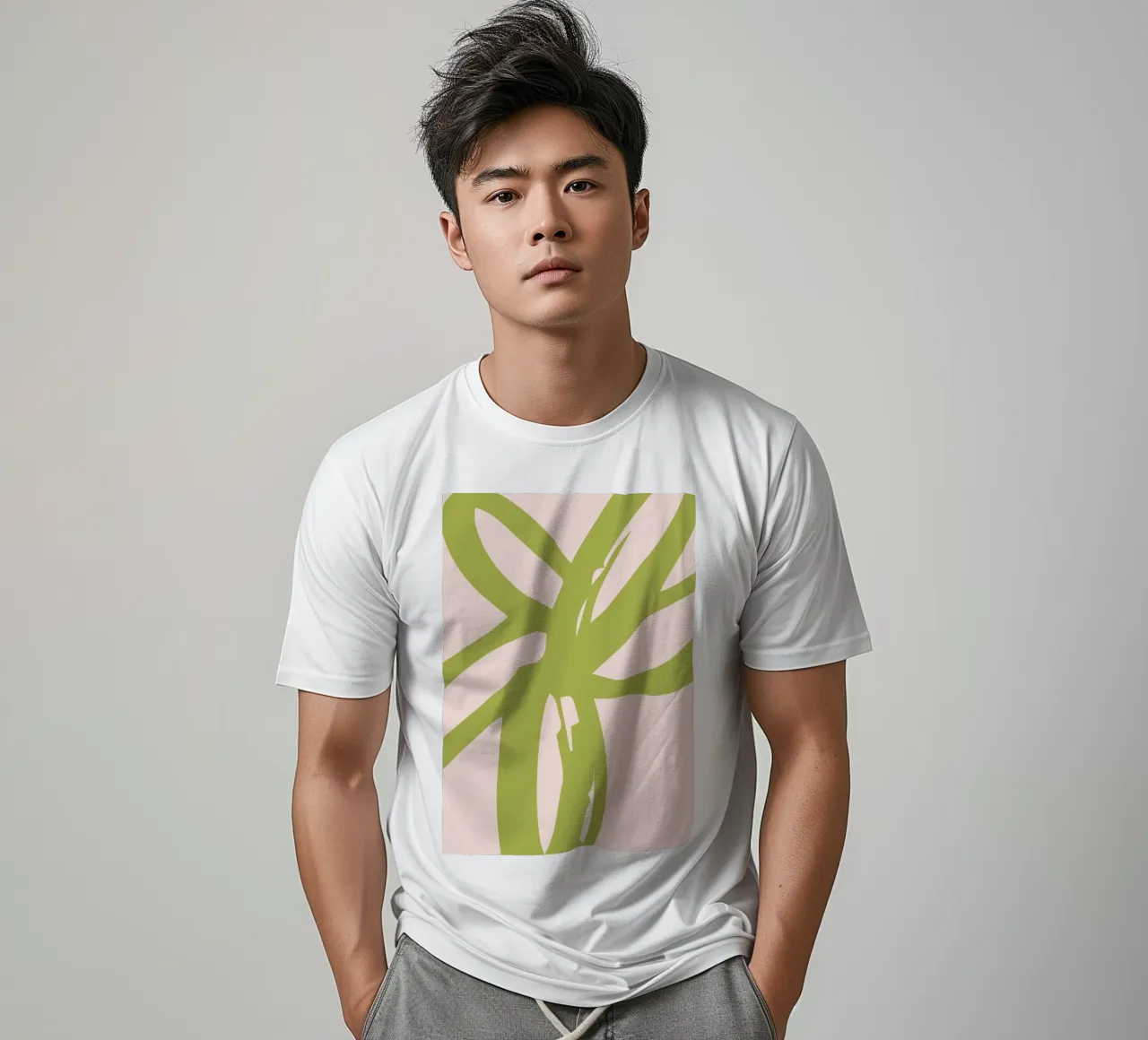 Organic Green Brushstroke Design on Soft Beige Background t-shirt by The Art Club