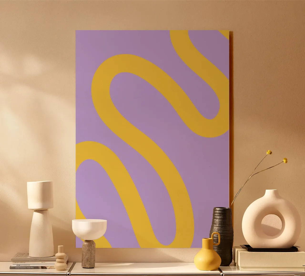 Wavy Yellow Line Pattern on Soft Lavender Background alu-dibond by The Art Club