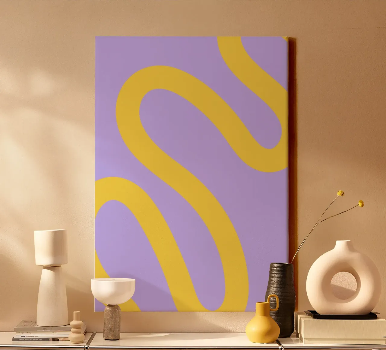 Wavy Yellow Line Pattern on Soft Lavender Background canvas by The Art Club