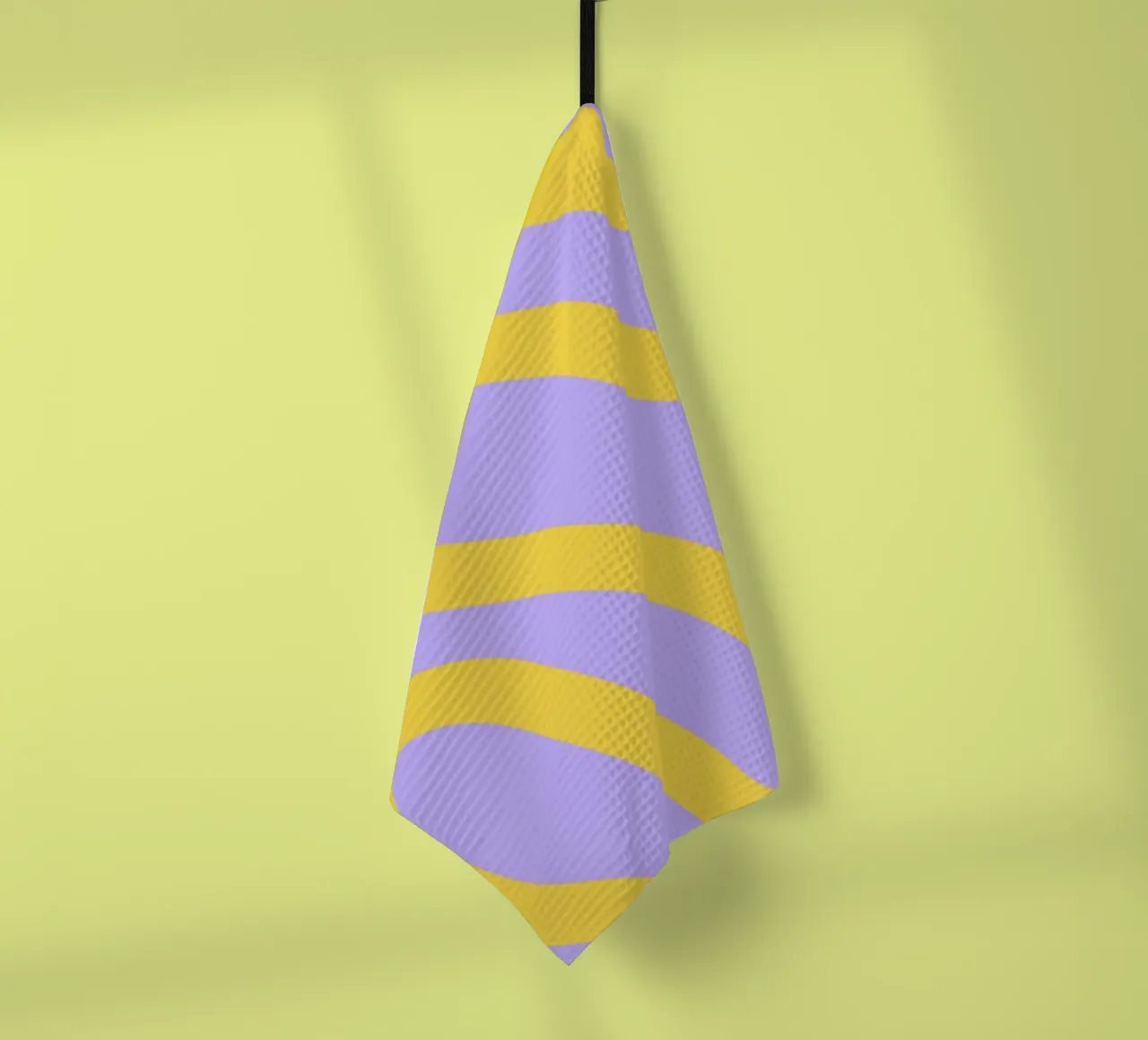 Wavy Yellow Line Pattern on Soft Lavender Background tea towel by The Art Club