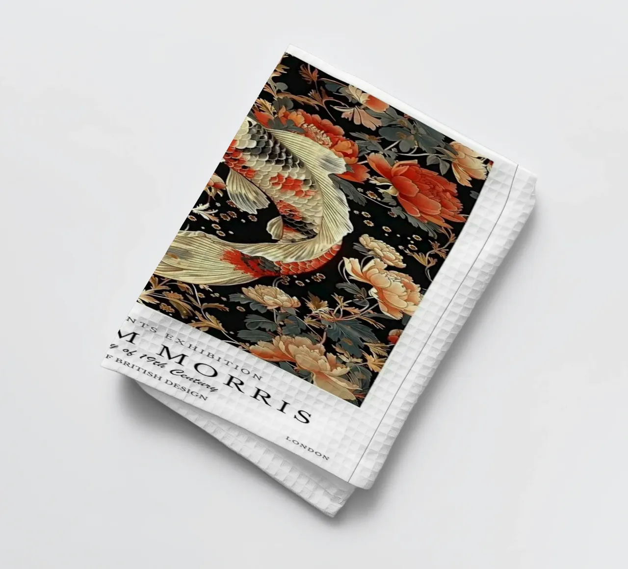 koi fish surrounded by flowers tea towel by Ropech Shop