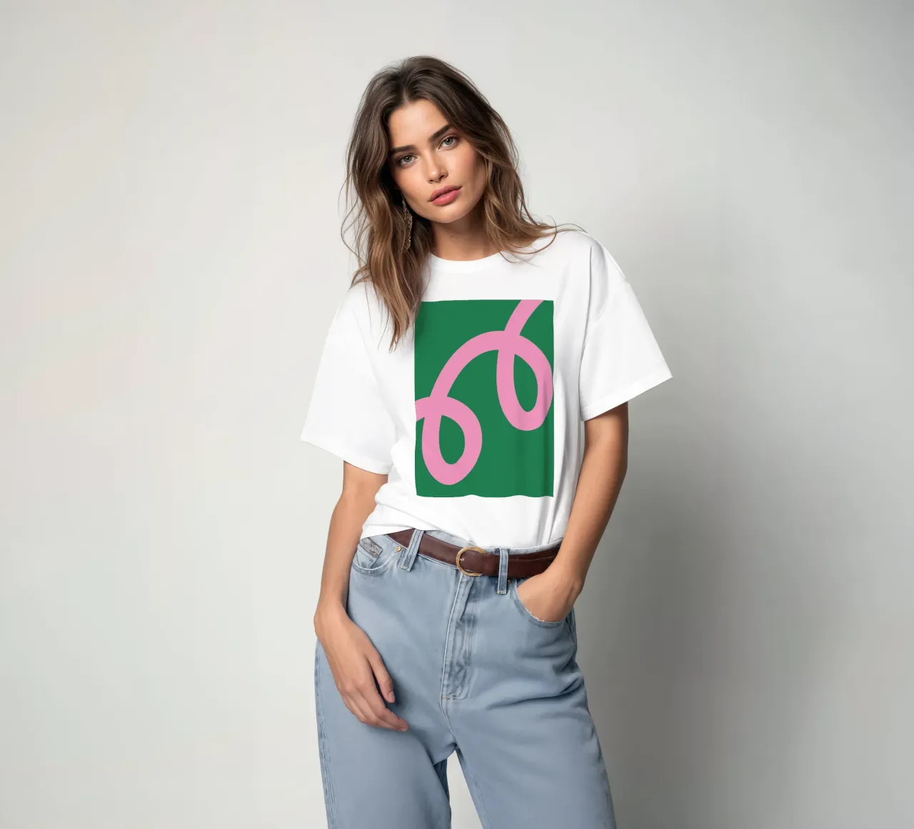 Abstract Minimalist Bold Pink Loop Lines on Deep Green t-shirt by The Art Club