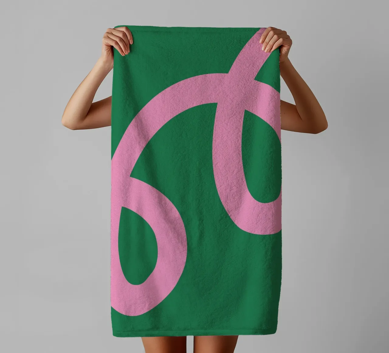 Abstract Minimalist Bold Pink Loop Lines on Deep Green towel by The Art Club
