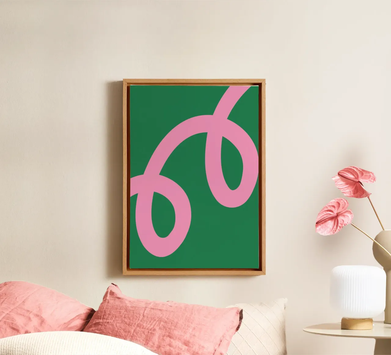 Abstract Minimalist Bold Pink Loop Lines on Deep Green canvas by The Art Club