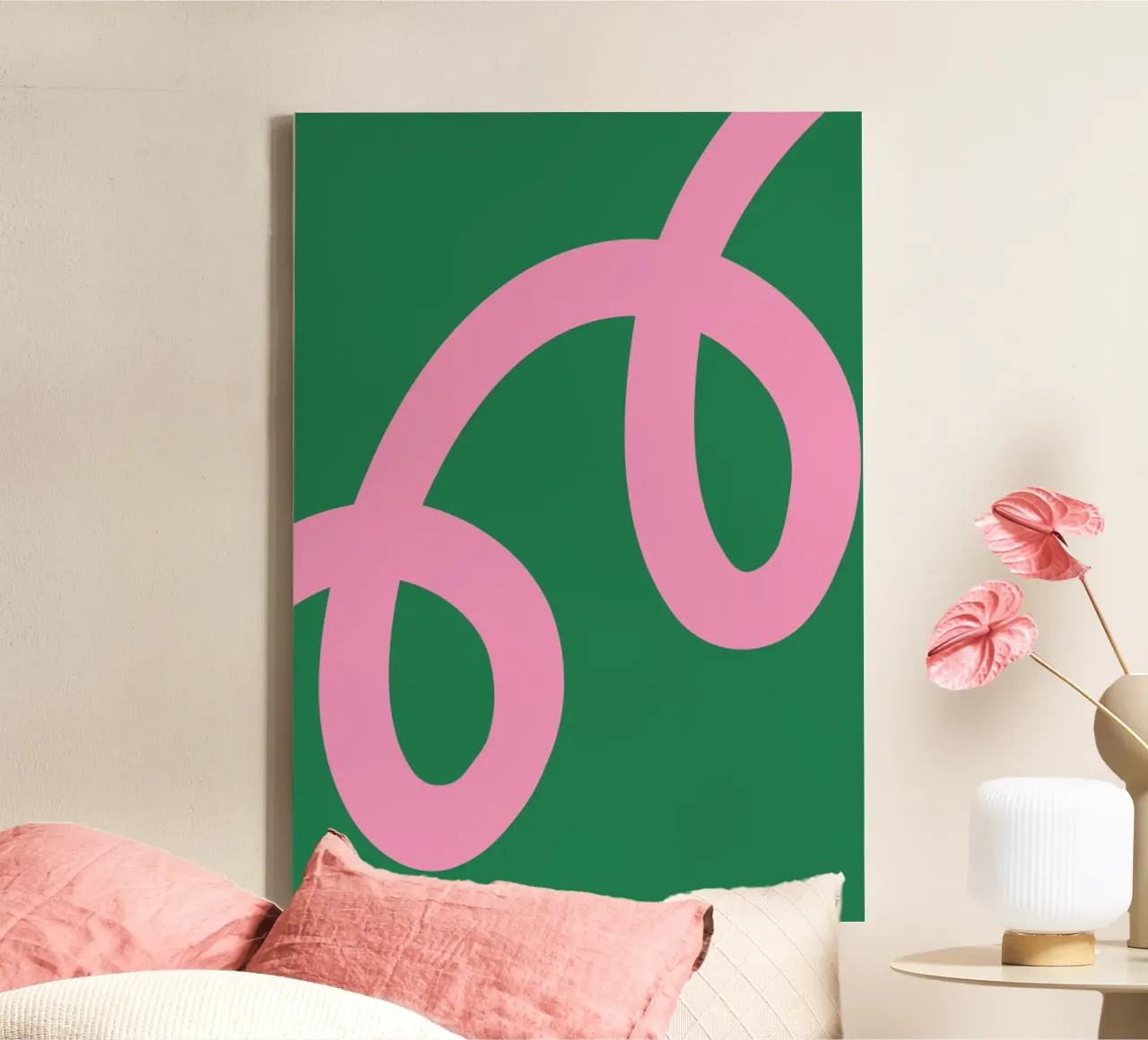 Abstract Minimalist Bold Pink Loop Lines on Deep Green canvas by The Art Club