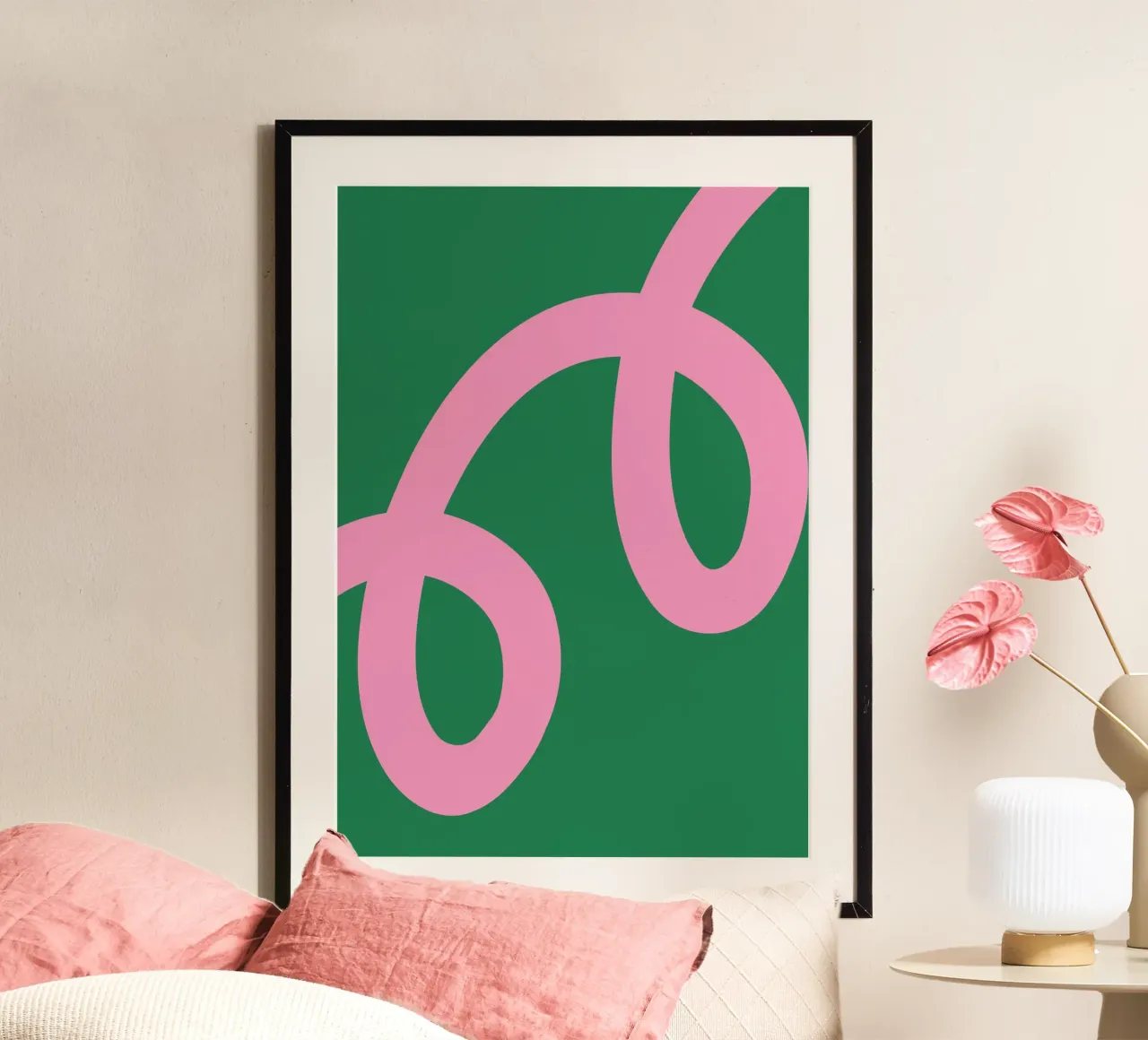 Abstract Minimalist Bold Pink Loop Lines on Deep Green hahnemühle by The Art Club