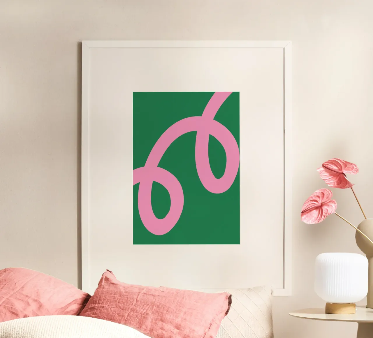 Abstract Minimalist Bold Pink Loop Lines on Deep Green hahnemühle by The Art Club