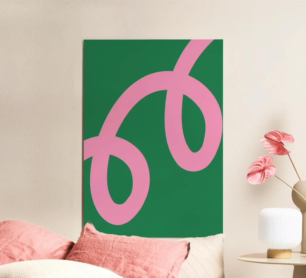 Abstract Minimalist Bold Pink Loop Lines on Deep Green hahnemühle by The Art Club