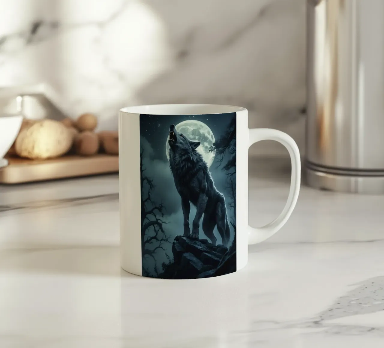 lupi nell'oscurità di una notte di luna piena tazza in ceramica da rock music