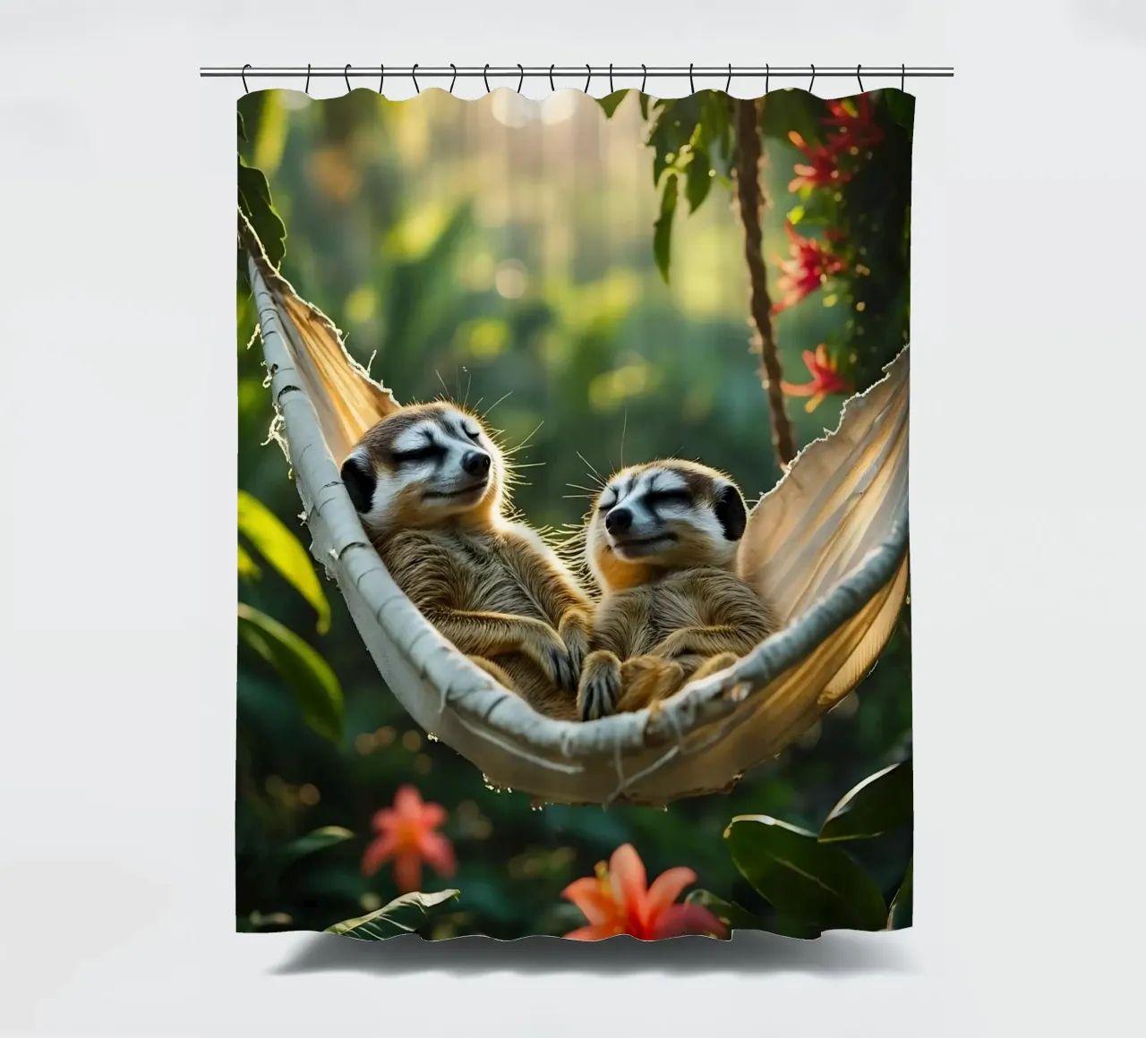 🌿🌺 Meerkats | Together in relaxation mode (2) shower curtain by Trinkets NL Design Studio
