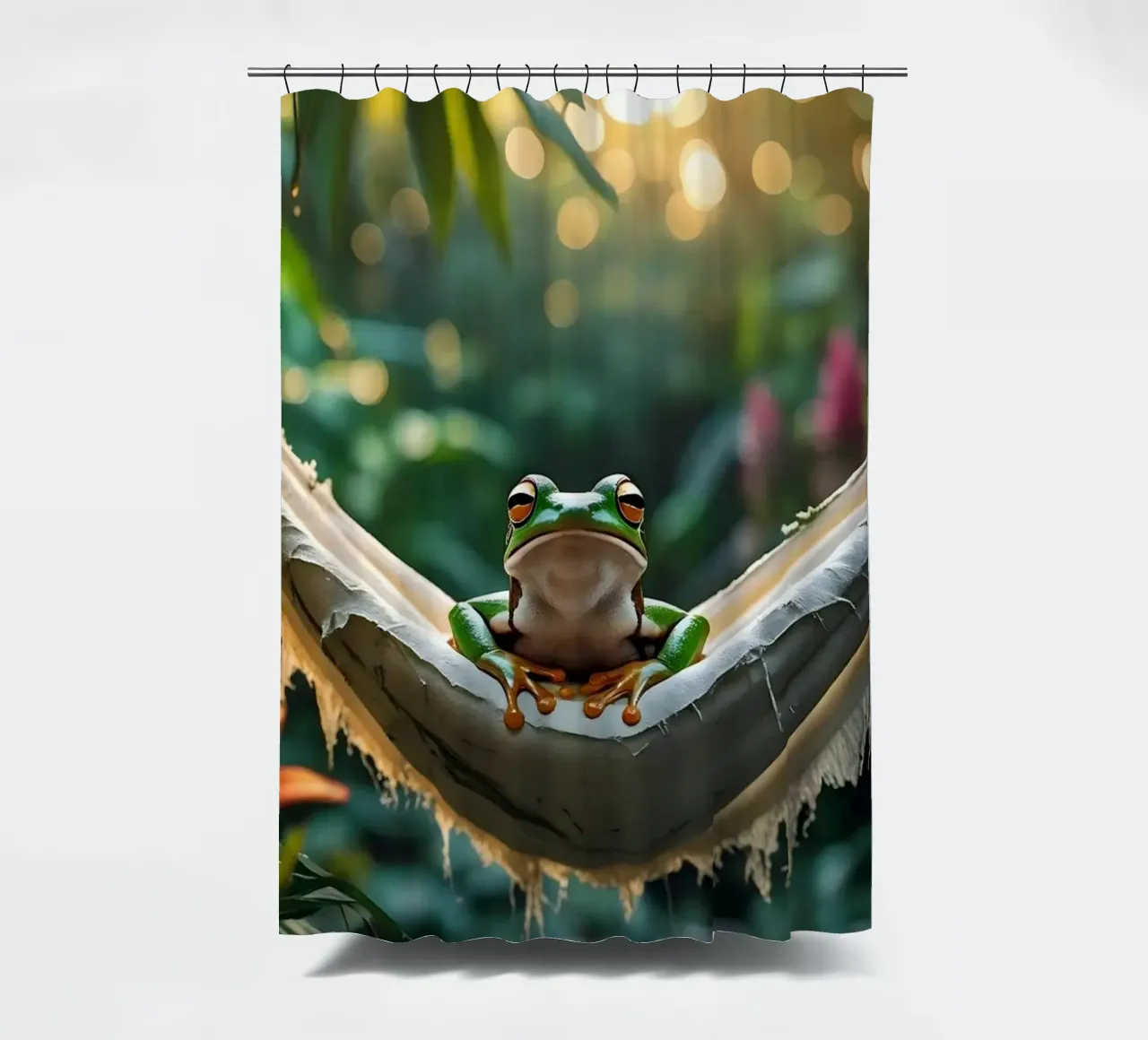 Tree frog | Summer mode: on! (1) shower curtain by Trinkets NL Design Studio